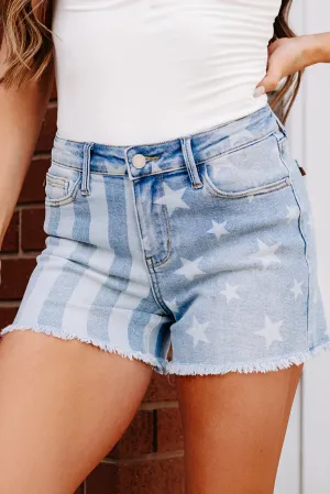 Agnes Flag Print Judy Blue Denim Shorts (Medium Light) Anti Slip Grip Technology