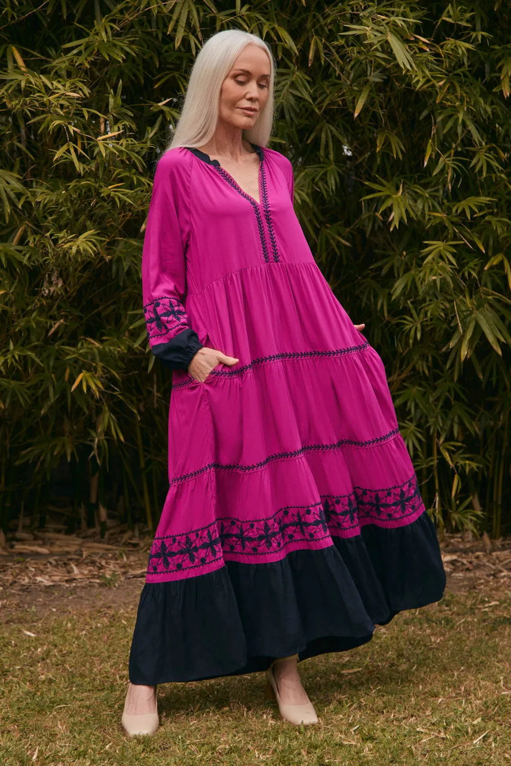 Savannah Embroidered Dress in Berry Classic long dress