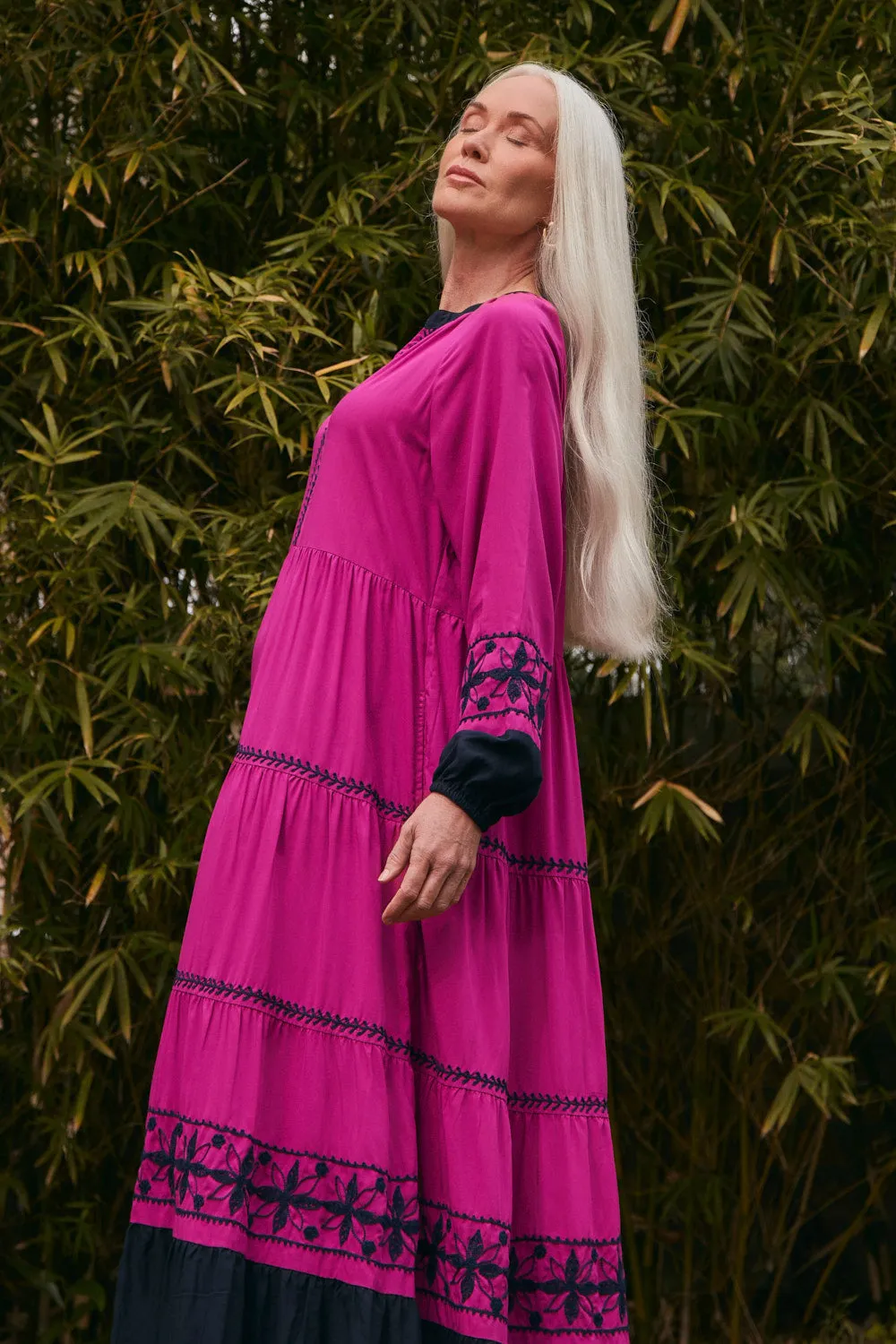 Savannah Embroidered Dress in Berry This dress provides a chic and comfortable fit that works for both formal and casual events Hemp Soft