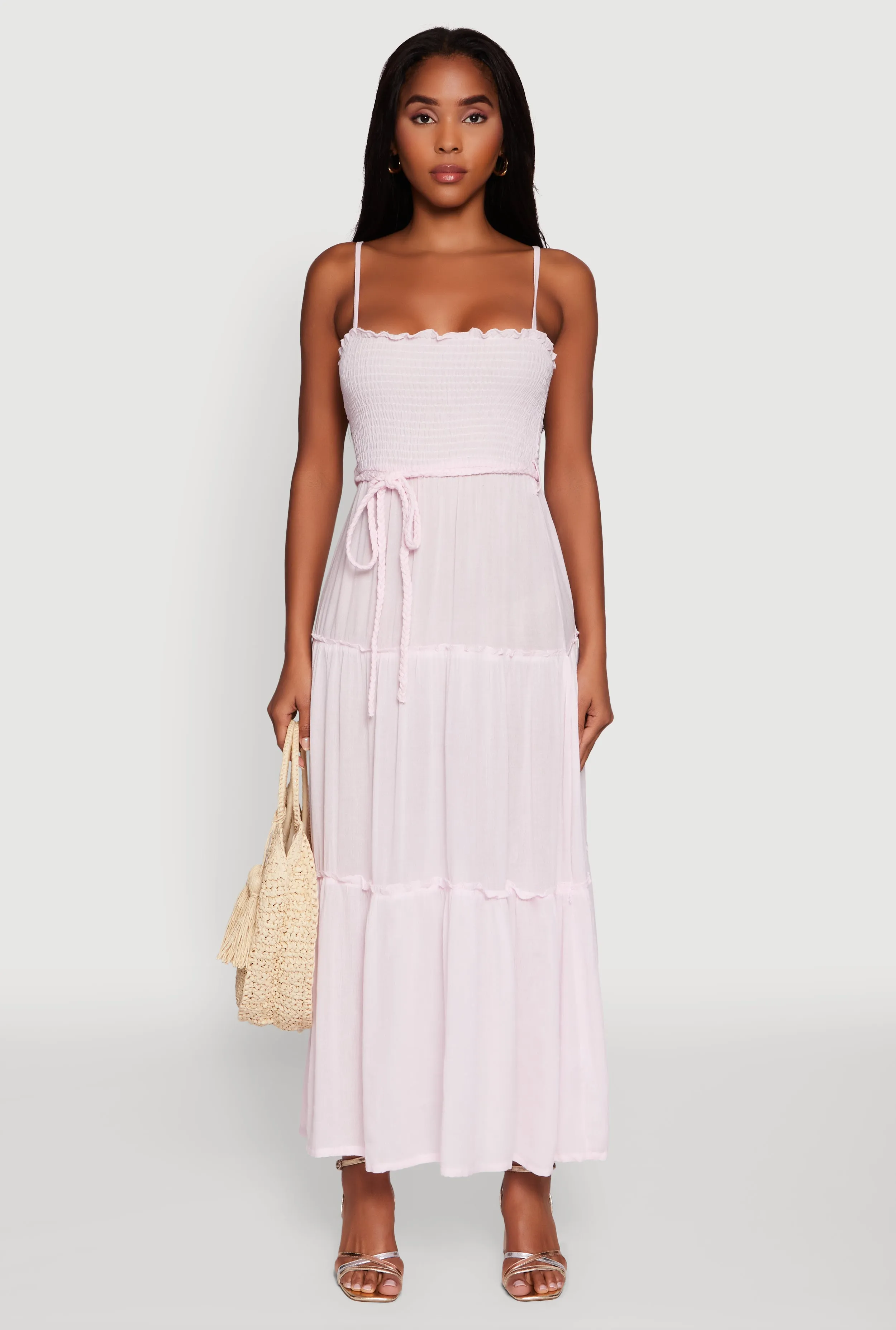 Sea Breeze Tiered A-Line Maxi Dress with Tie Waist Belt