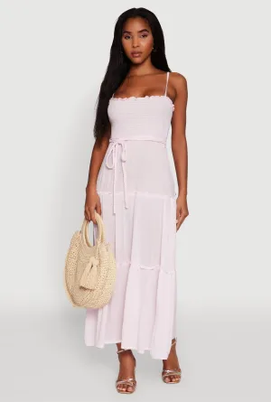 Tiered A-Line Maxi Dress with Tie Waist Belt Burgundy Deep