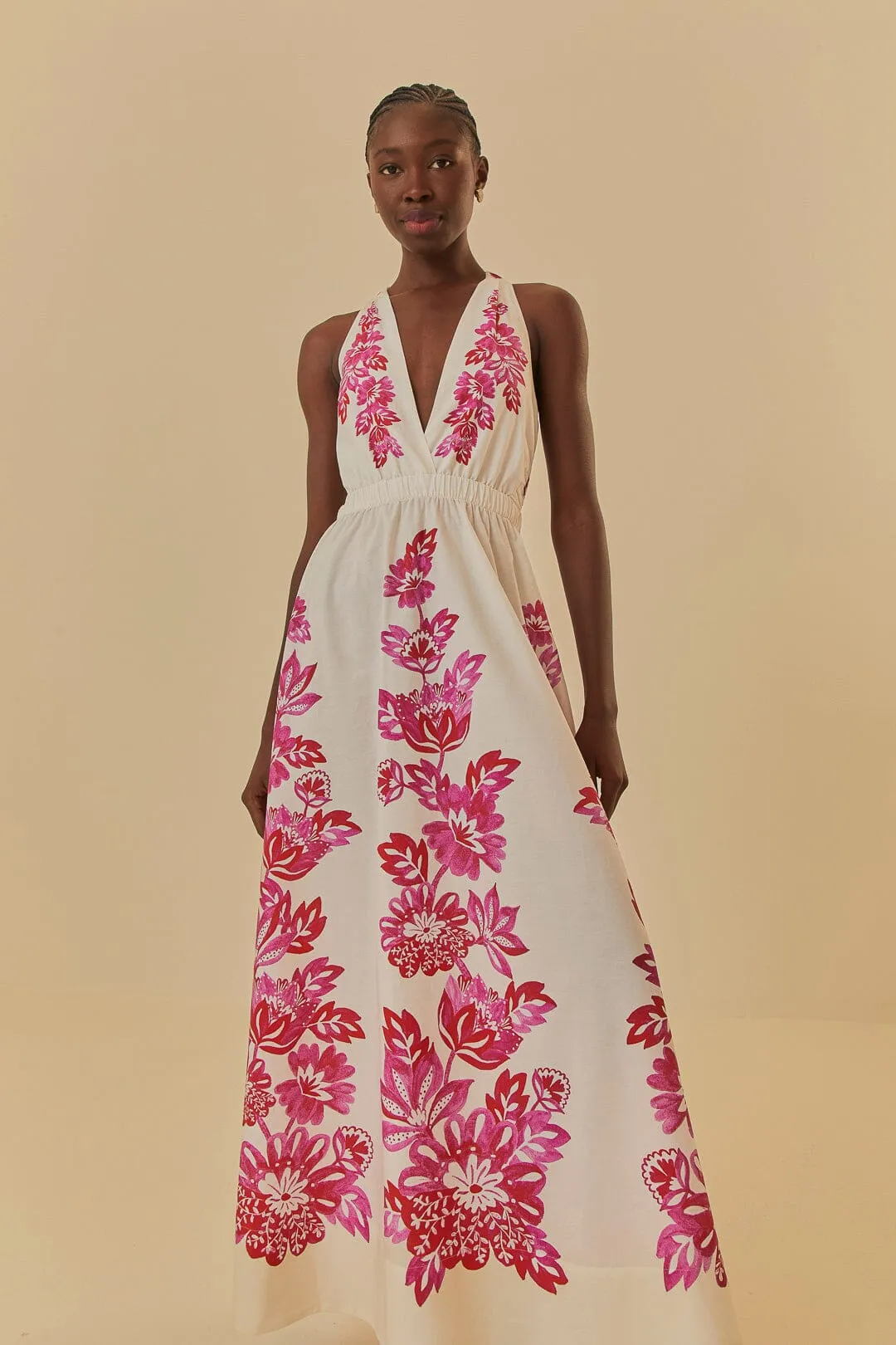 Island Mood Bride Maid Off-White Flowerful Birds Maxi Dress
