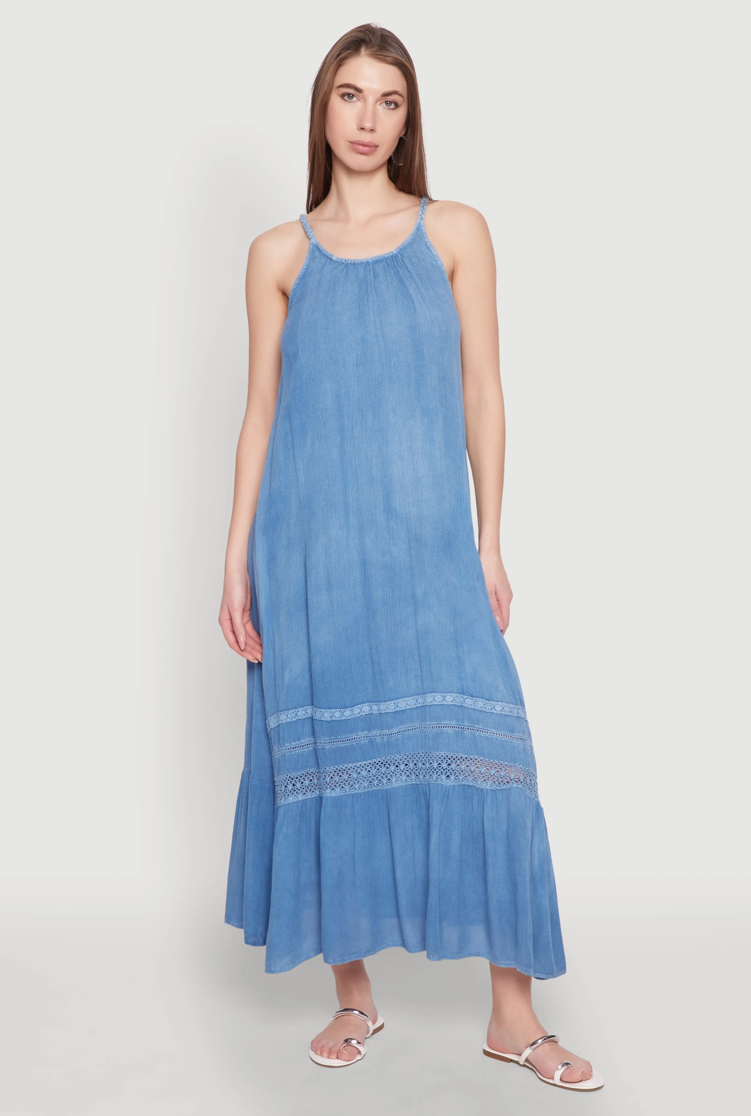 The flattering silhouette of this dress enhances your figure without compromising comfort The elegant cut of this dress highlights your figure while offering plenty of room to move Crochet Detail Sleeveless Maxi Dress