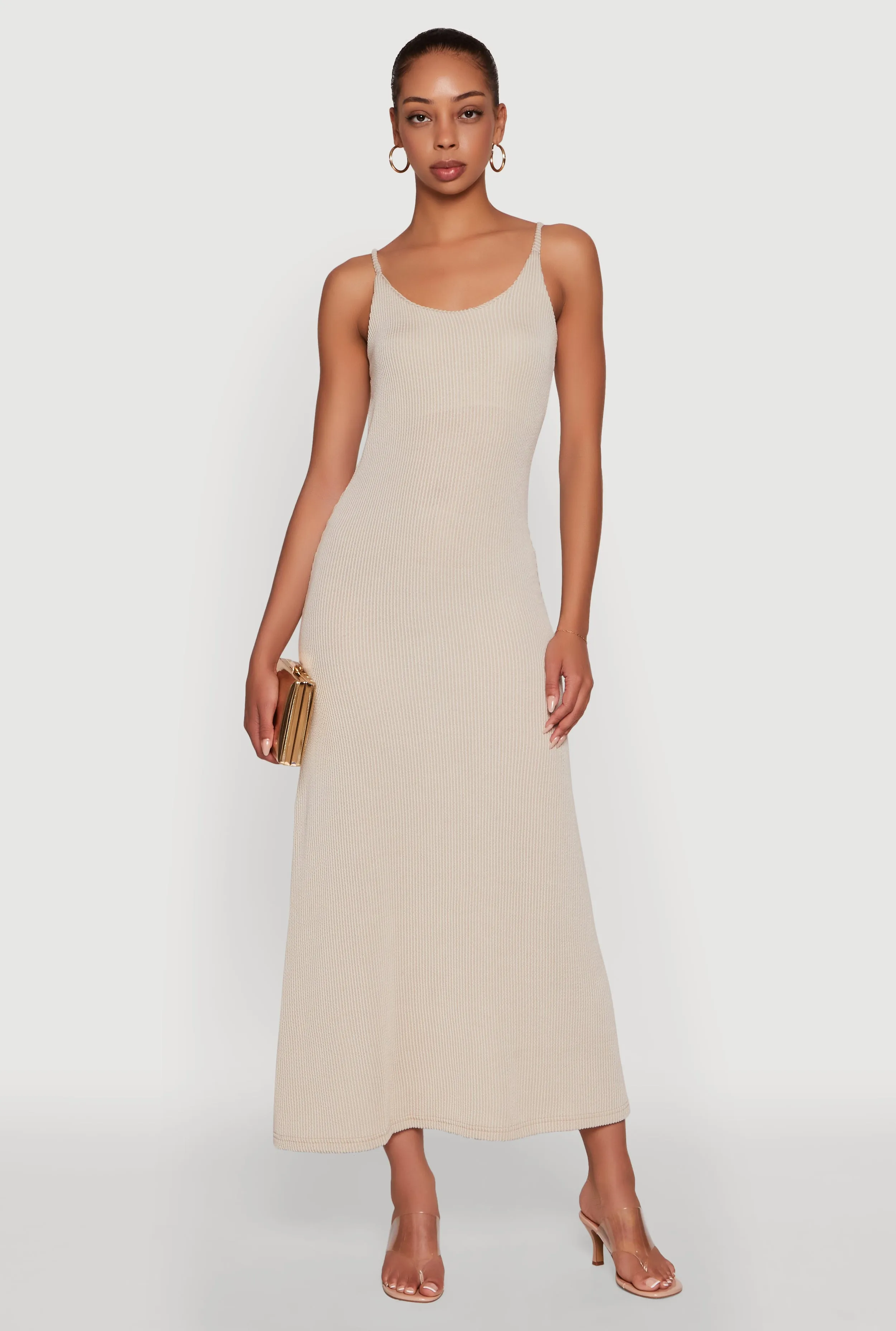 Elegant Scoop Neck Ribbed Knit Cami Dress Romantic resort wear Snow Field