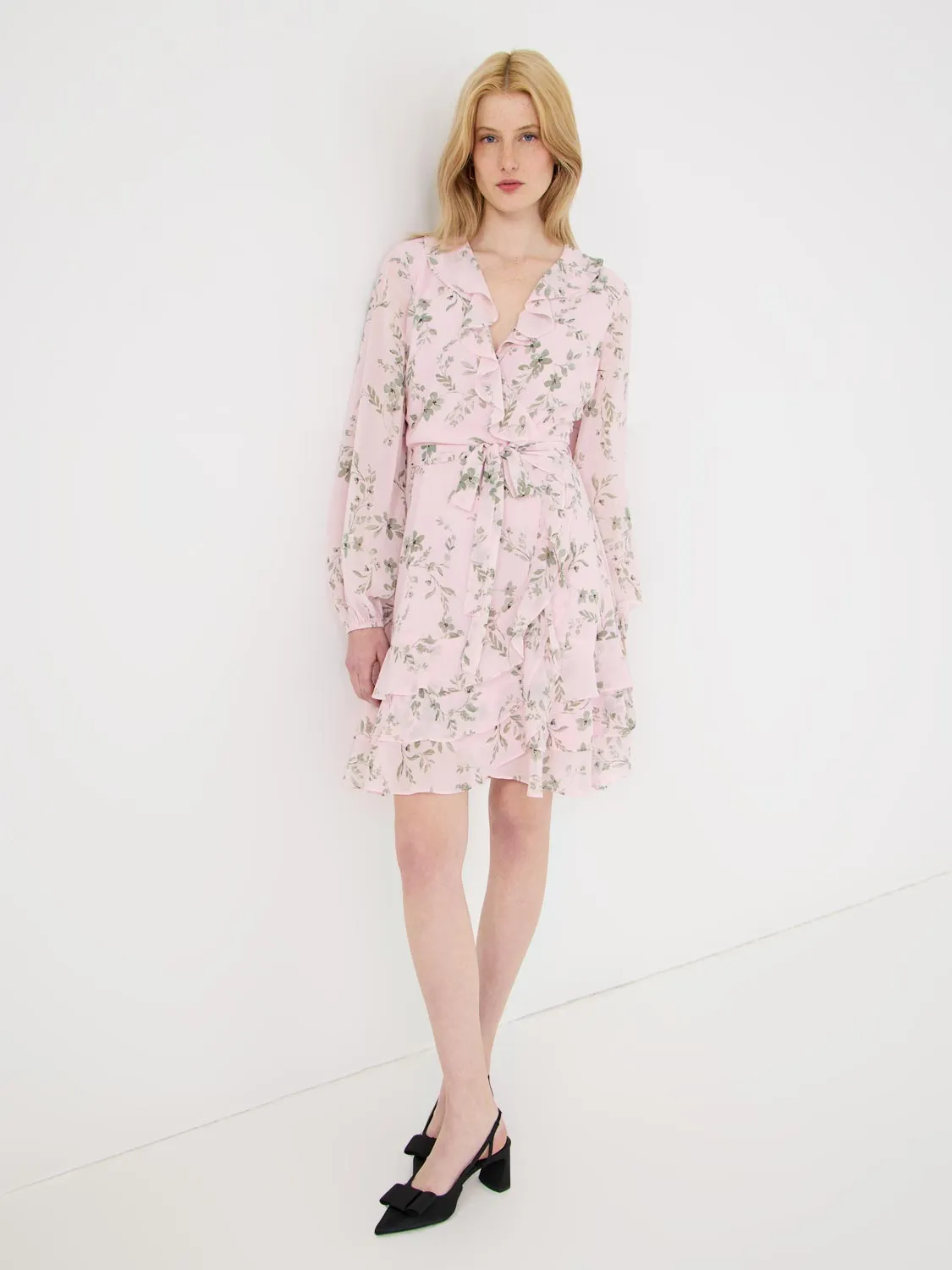 Floral Print Crossover Dress With Ruffle Details Trend Soft Floral Print
