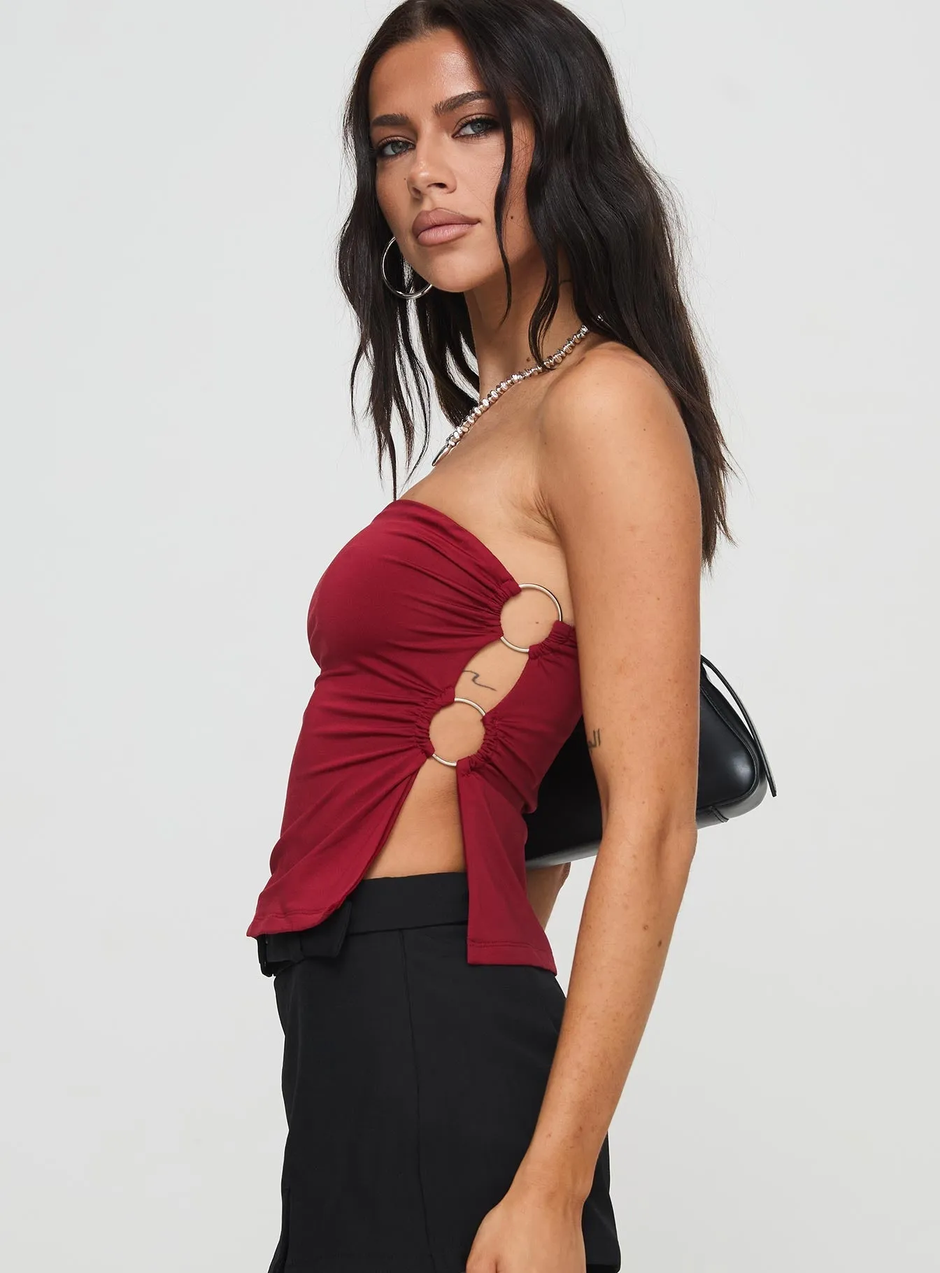 Round The World Strapless Top Burgundy Multipanel Construction