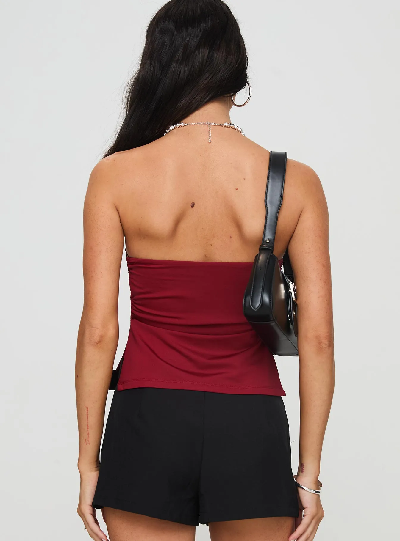 Weighted Hem Trim Warm Fabric Round The World Strapless Top Burgundy
