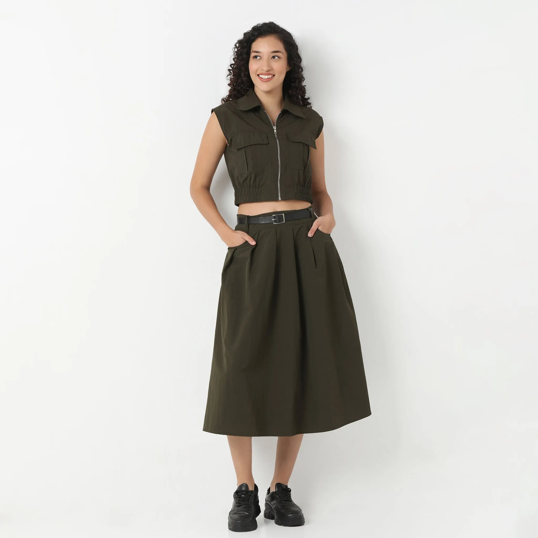 Recycled Polyester Blend Rich Tone Betty Olive Midi Skirt With Belt Detailing At Waist