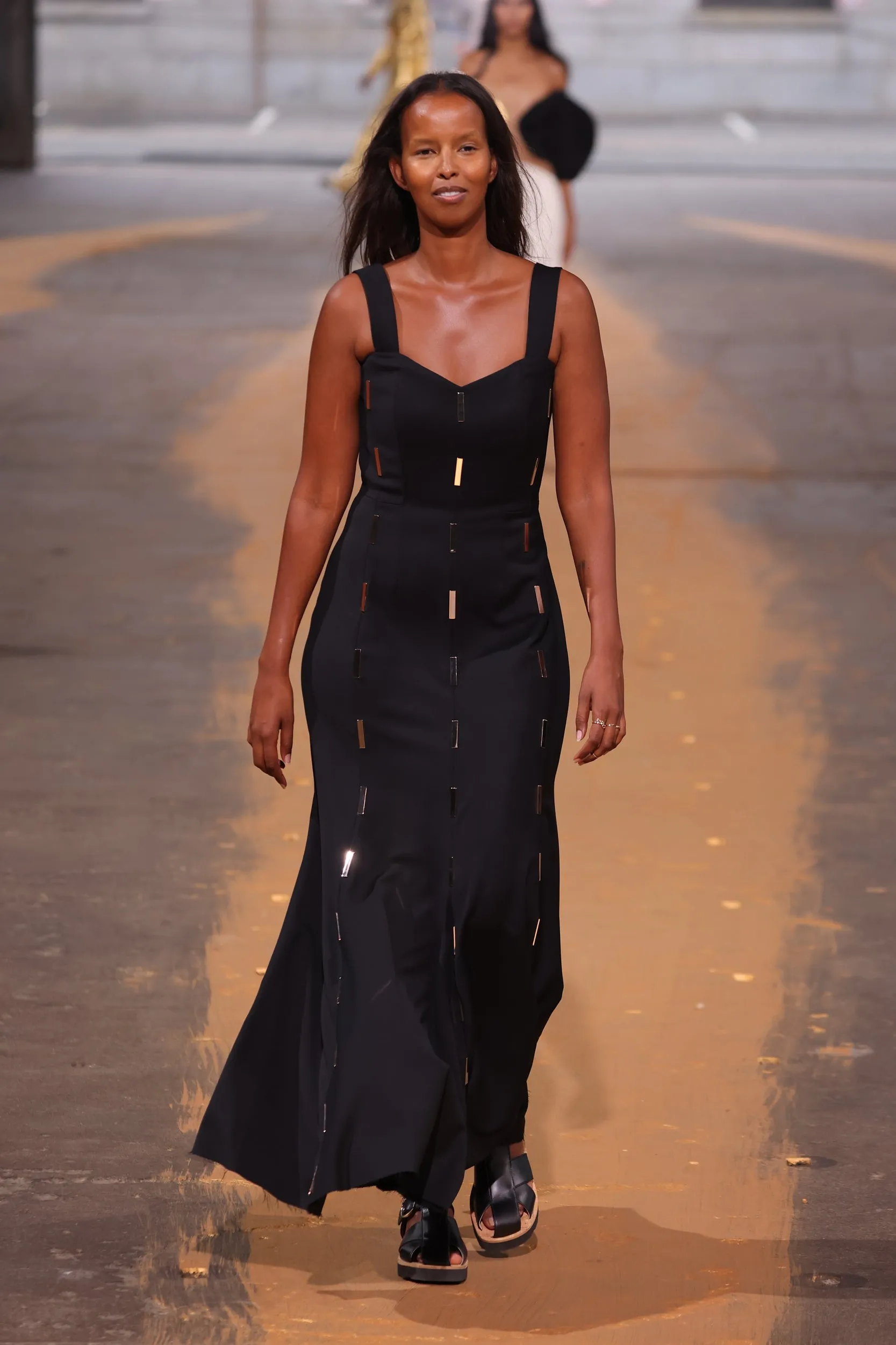 FoldableDesign Flight Fit Gail Dress in Black Sportswear Wool with Gold Bars