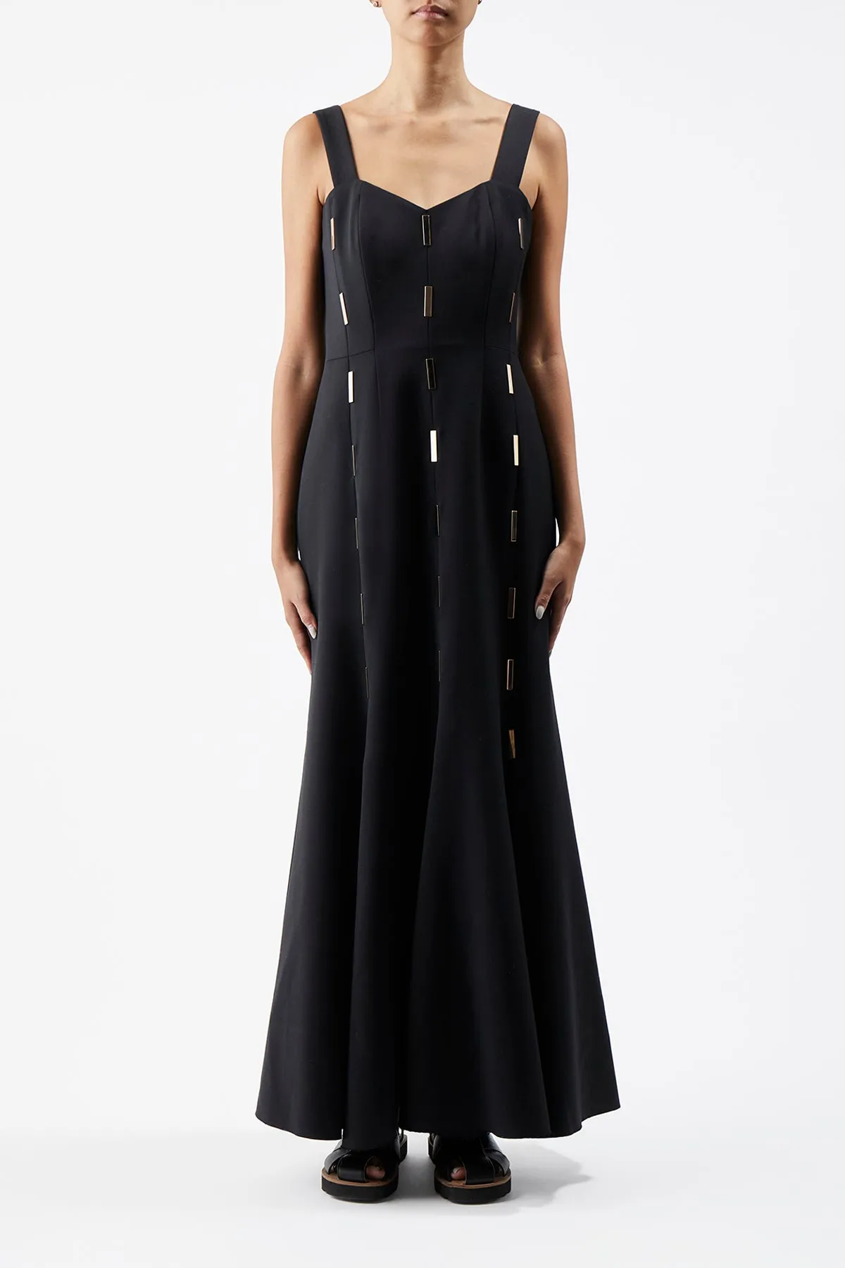 Gail Dress in Black Sportswear Wool with Gold Bars Ventilated Back Panels FrictionResistantFabric