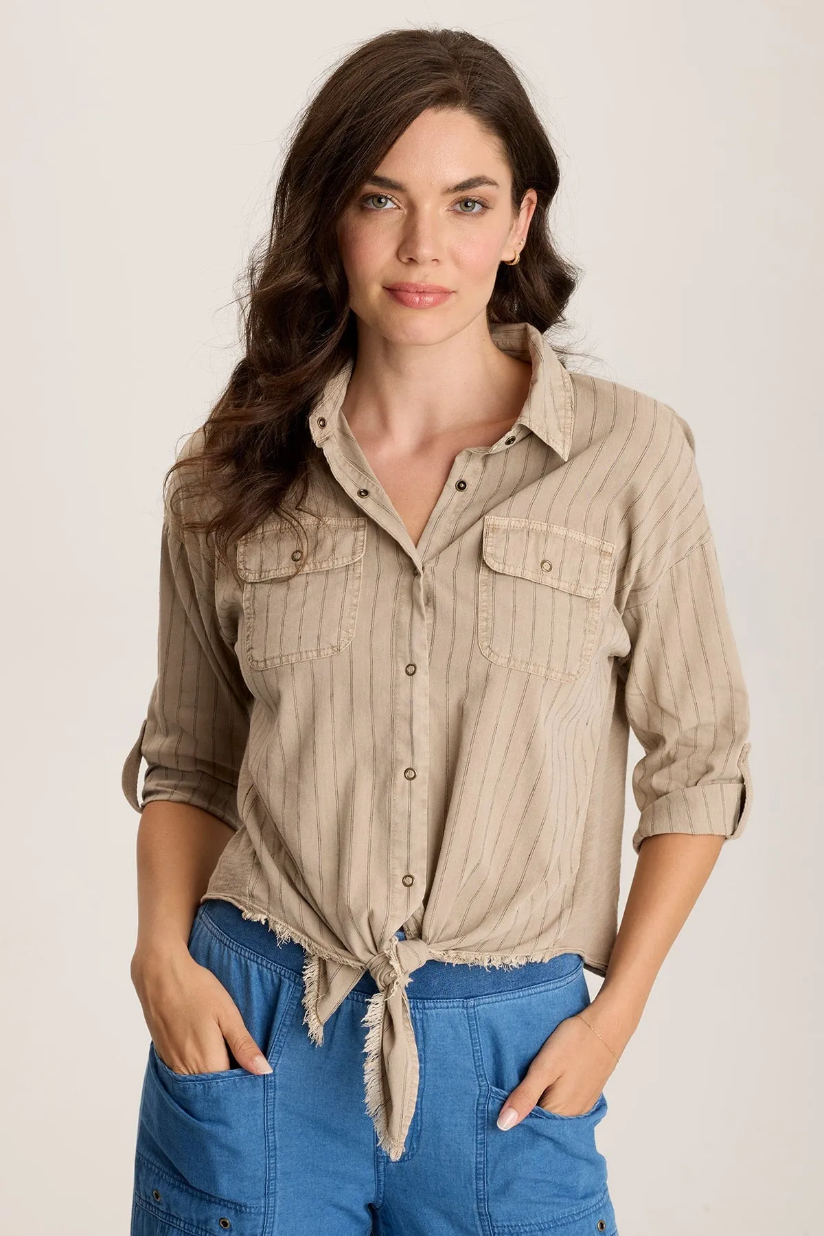 Urban Flow Recycled Polyester Blend Kato Tie-Front Top with Flap Pockets