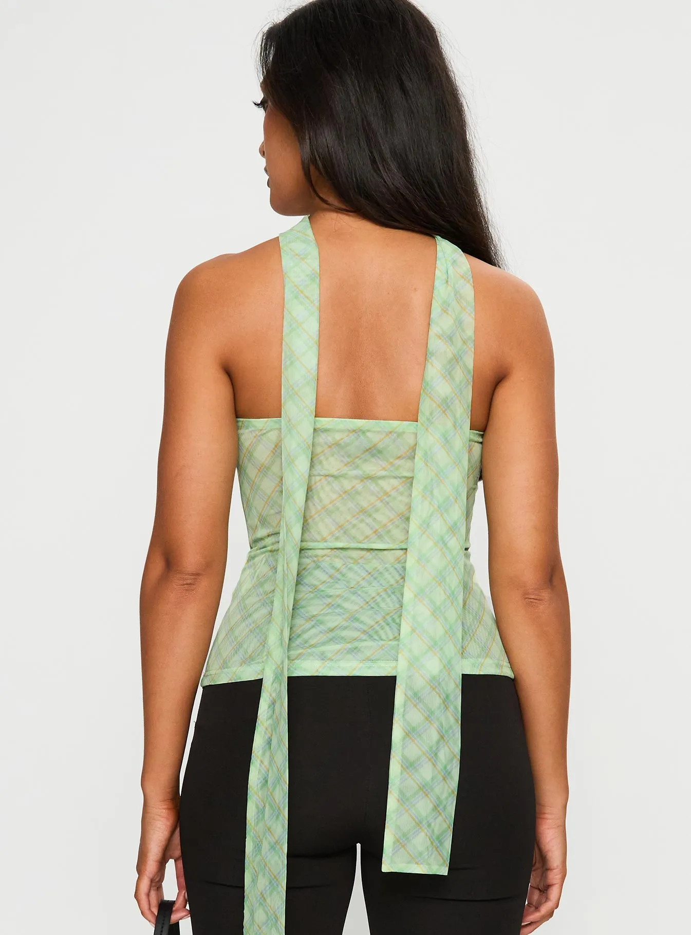 Drop Shoulder Cut No Comparison Neck Tie Strapless Top Green Check