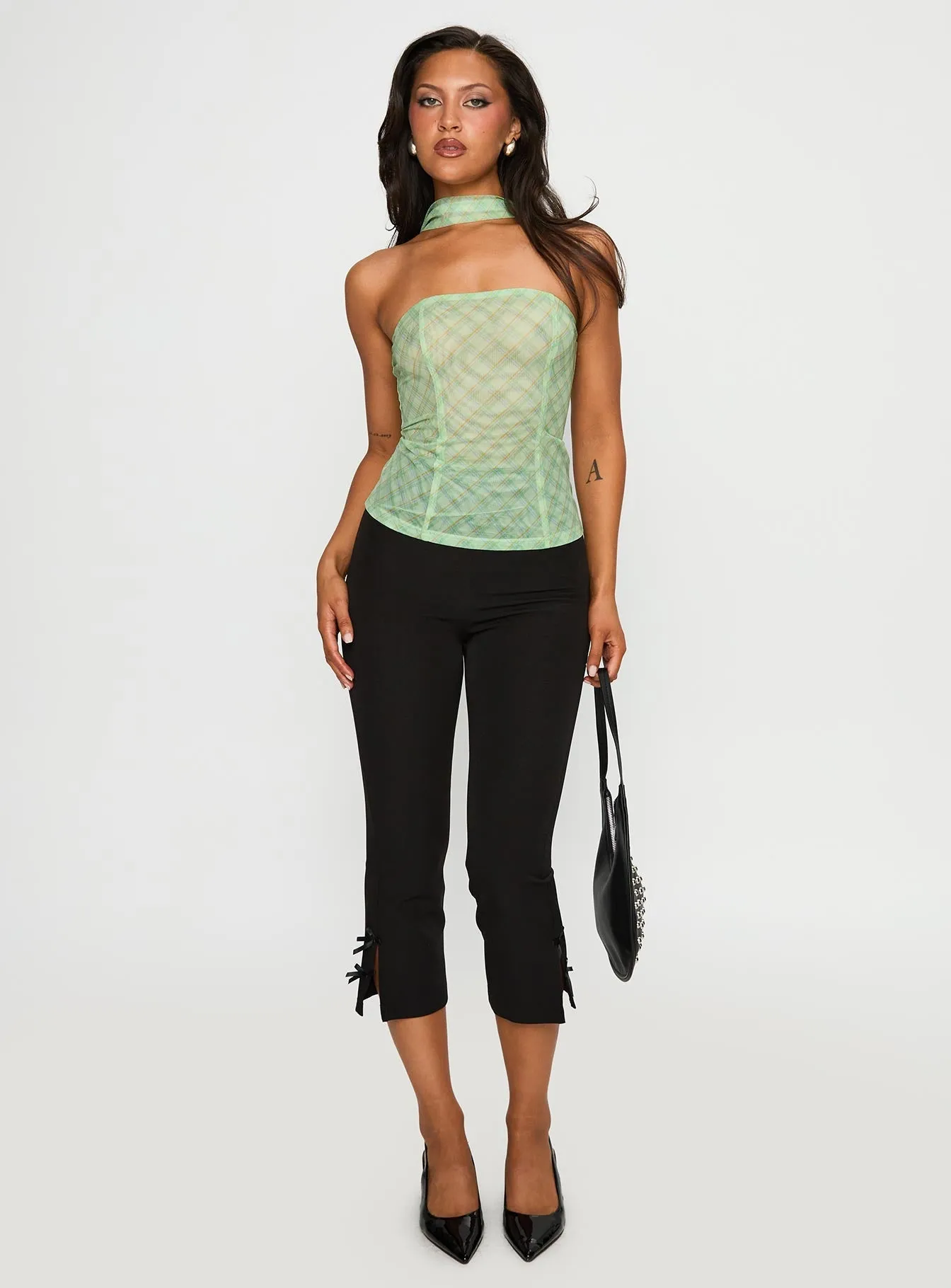 No Comparison Neck Tie Strapless Top Green Check Breathable Lining SheerLayering