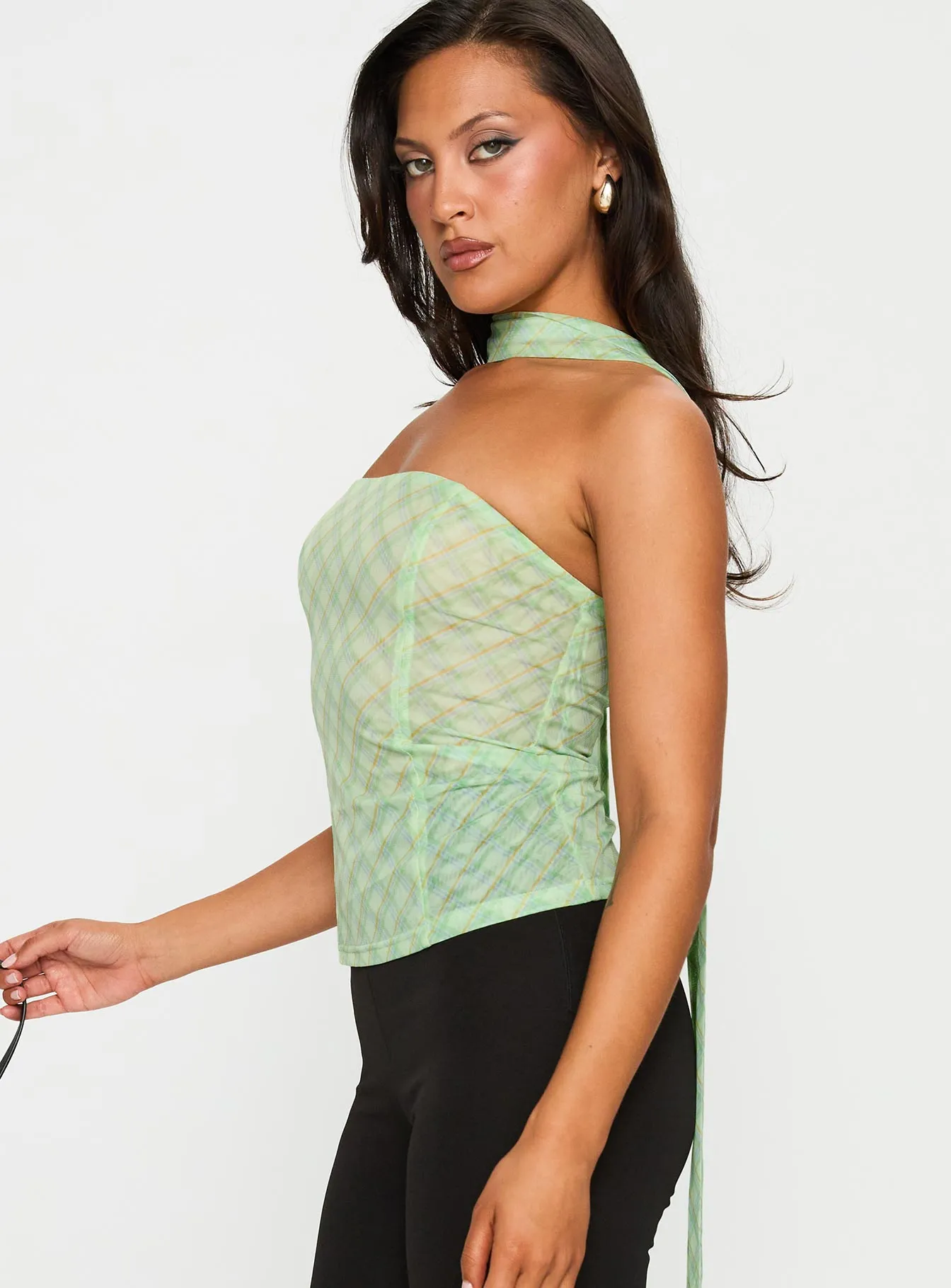 SweatAbsorbent Vintage Pullover No Comparison Neck Tie Strapless Top Green Check
