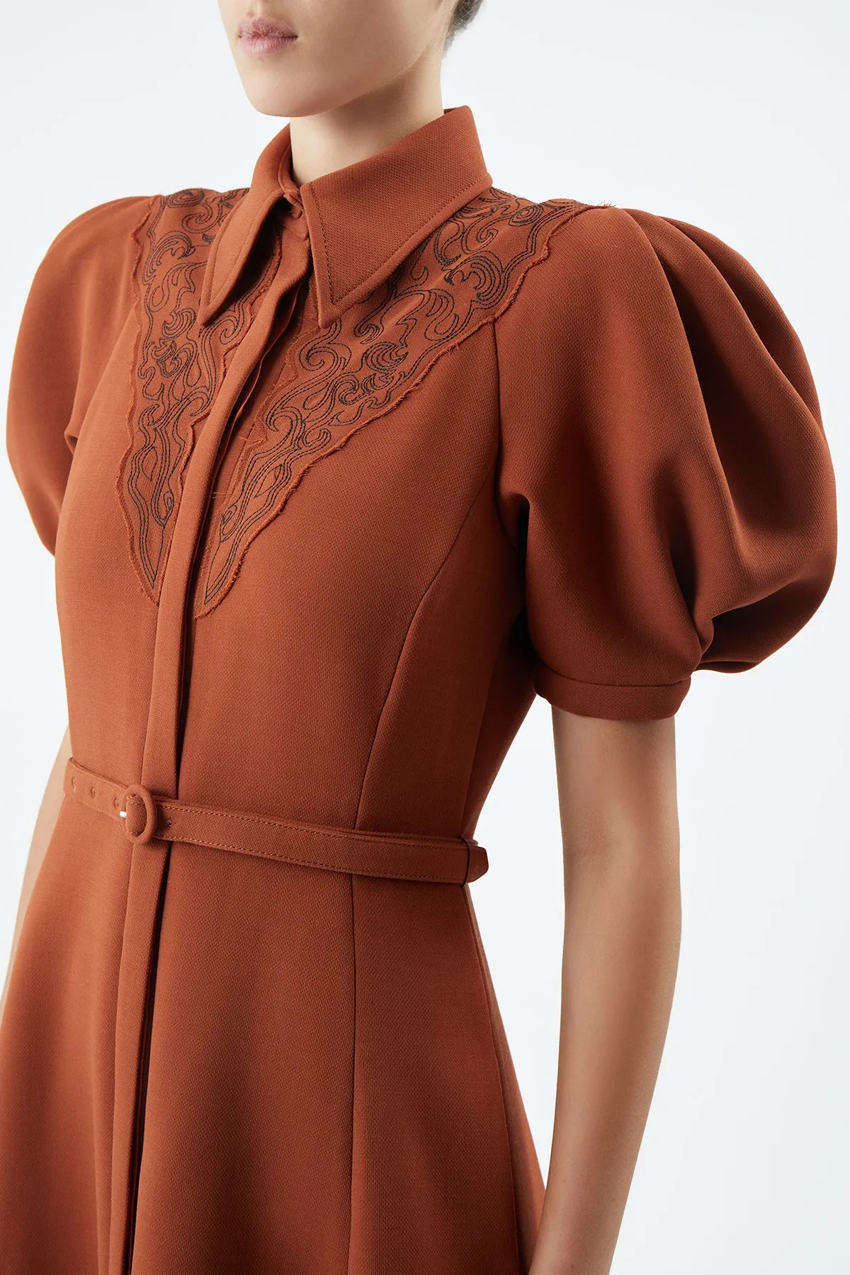 Model Glow Beauty Glow Billy Dress in Red Clay Double-Face Wool Crepe
