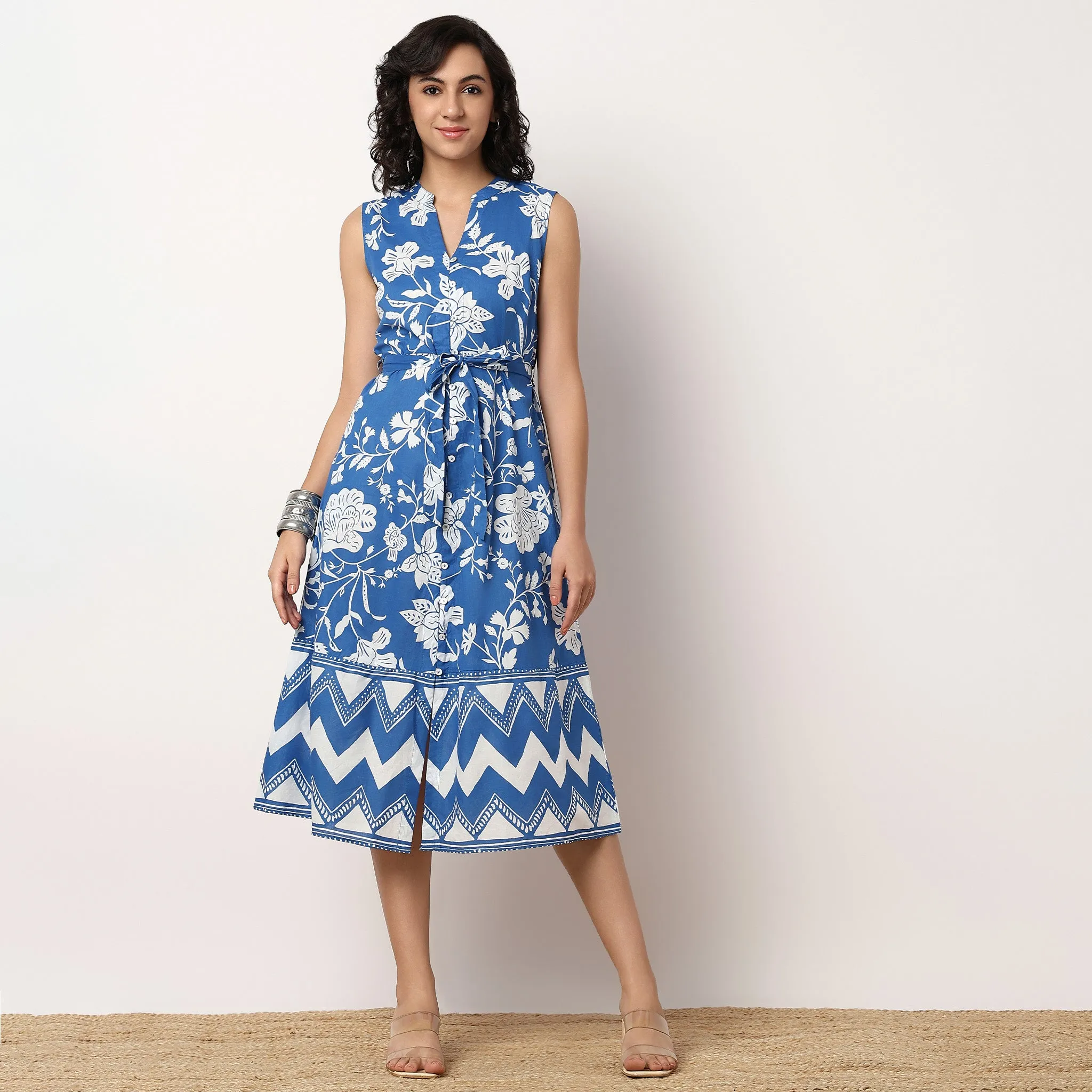 Floral Print Flared Dress With Waist Tie-Up Detail DurableWeave MachineWashable
