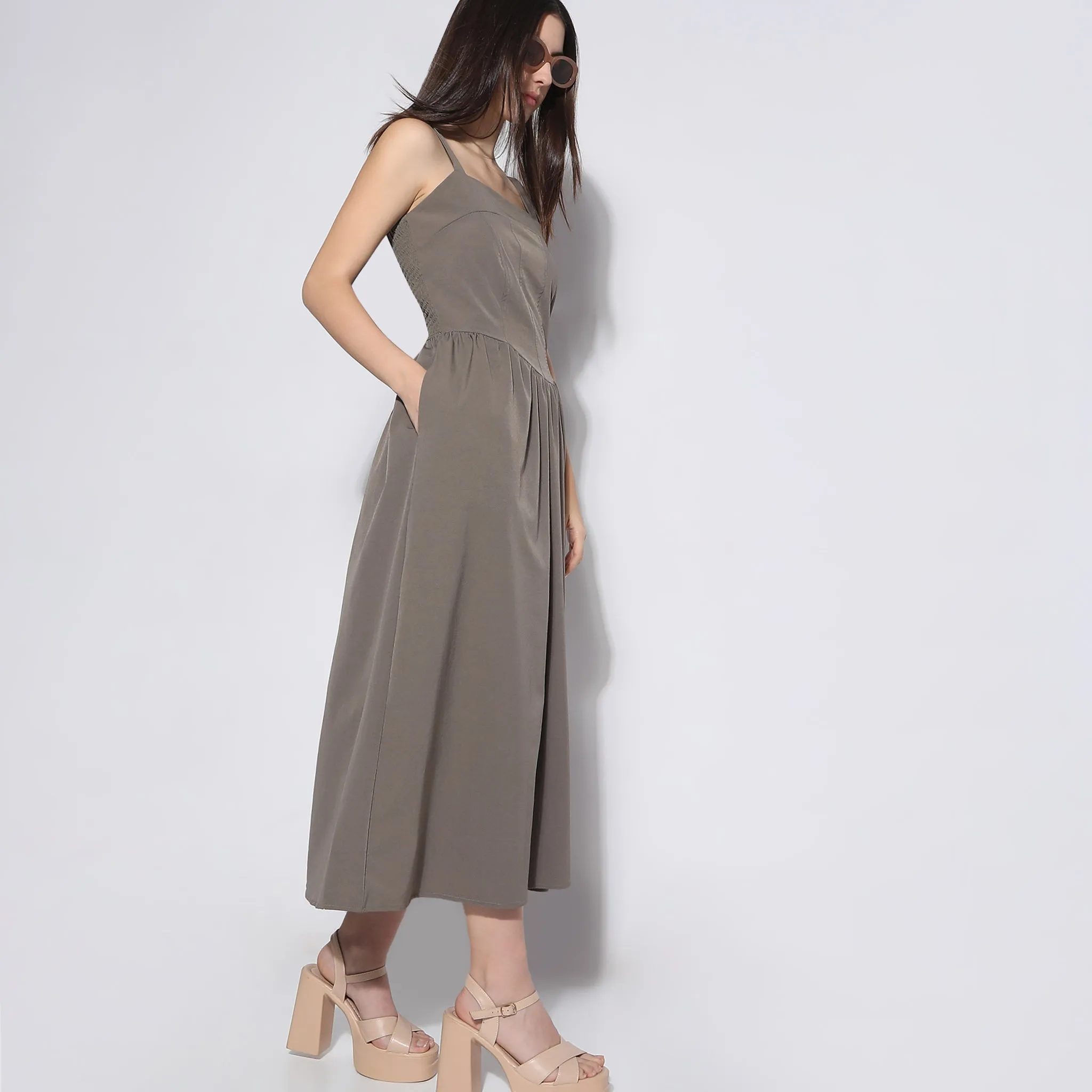 Regular Fit Flare Fit Calf Length Square Neck Sleeveless Dress