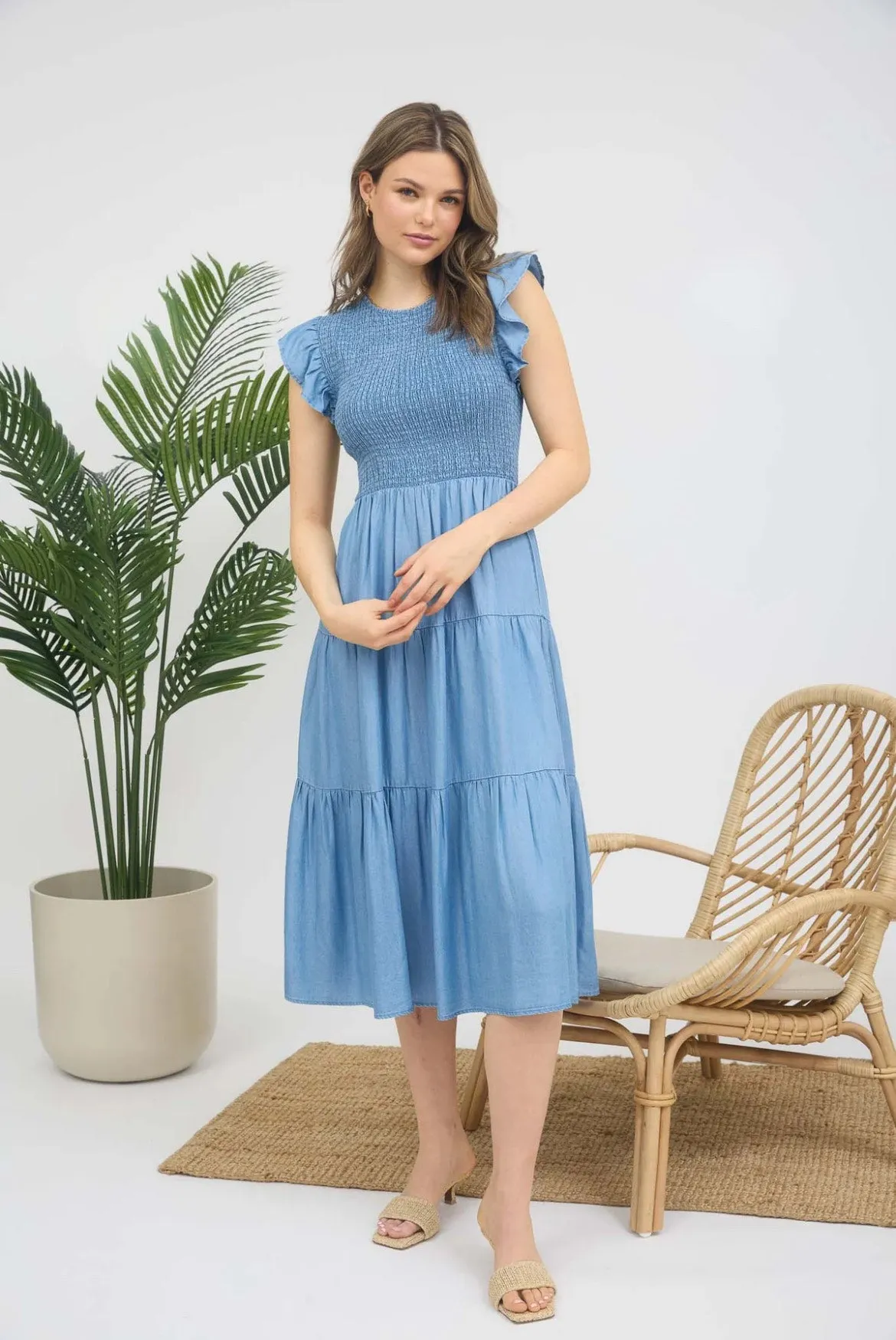 StretchPaneling Smocked Denim Dress