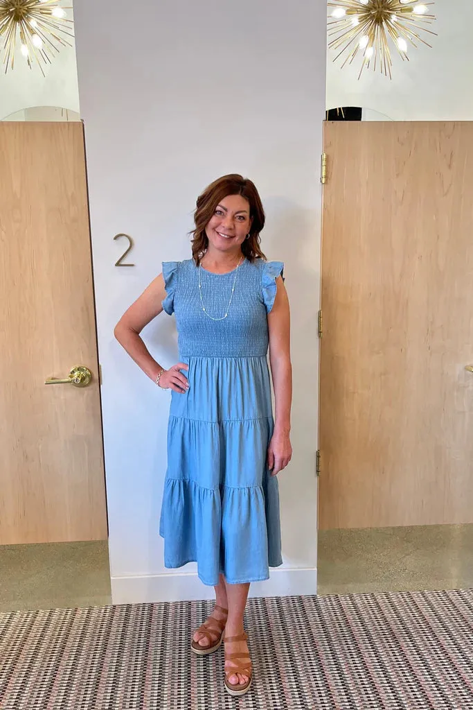 Camera Glow Smocked Denim Dress