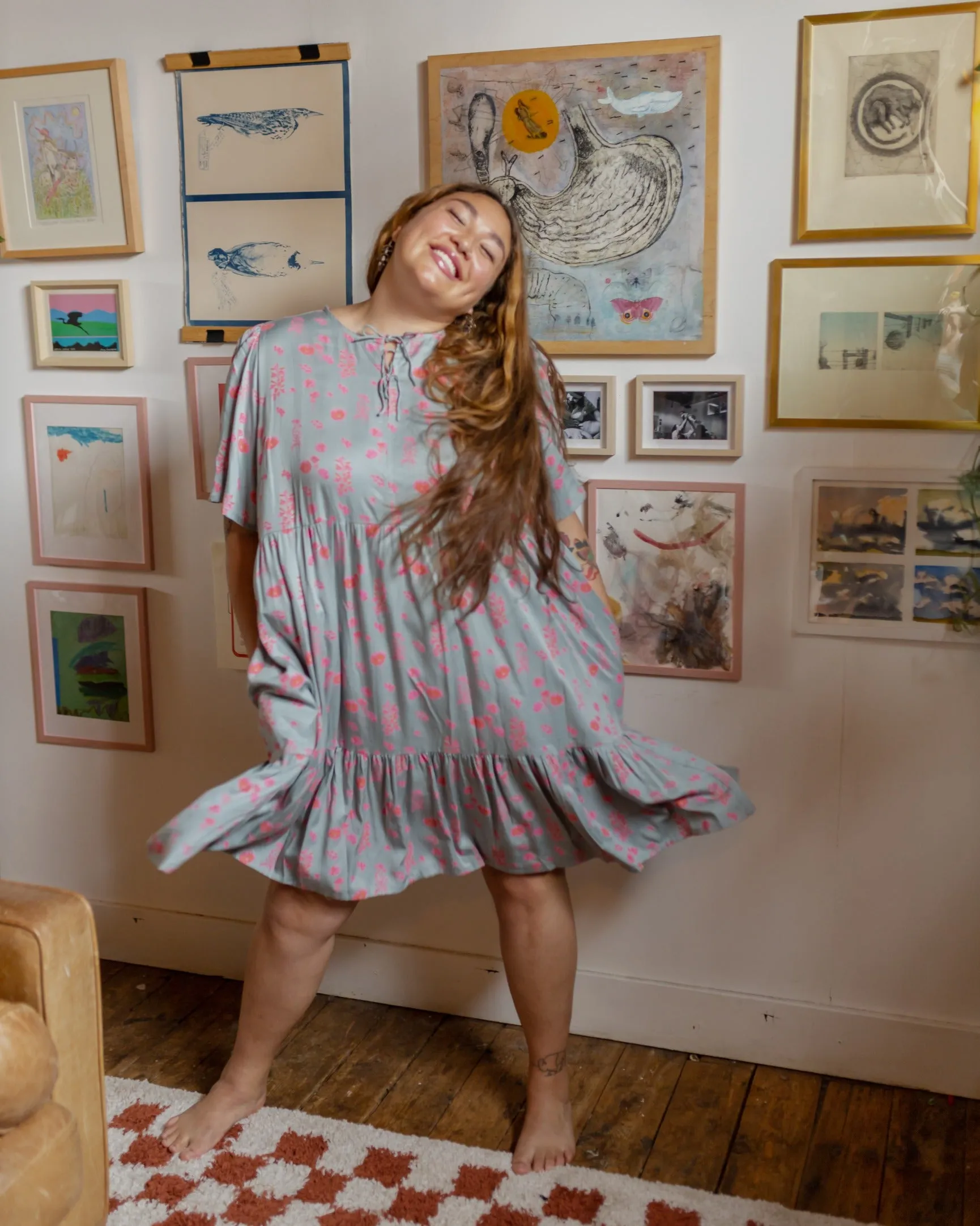 Loose Fit Adelaide Tiered Plus Size Mini Dress - Botanical Slate