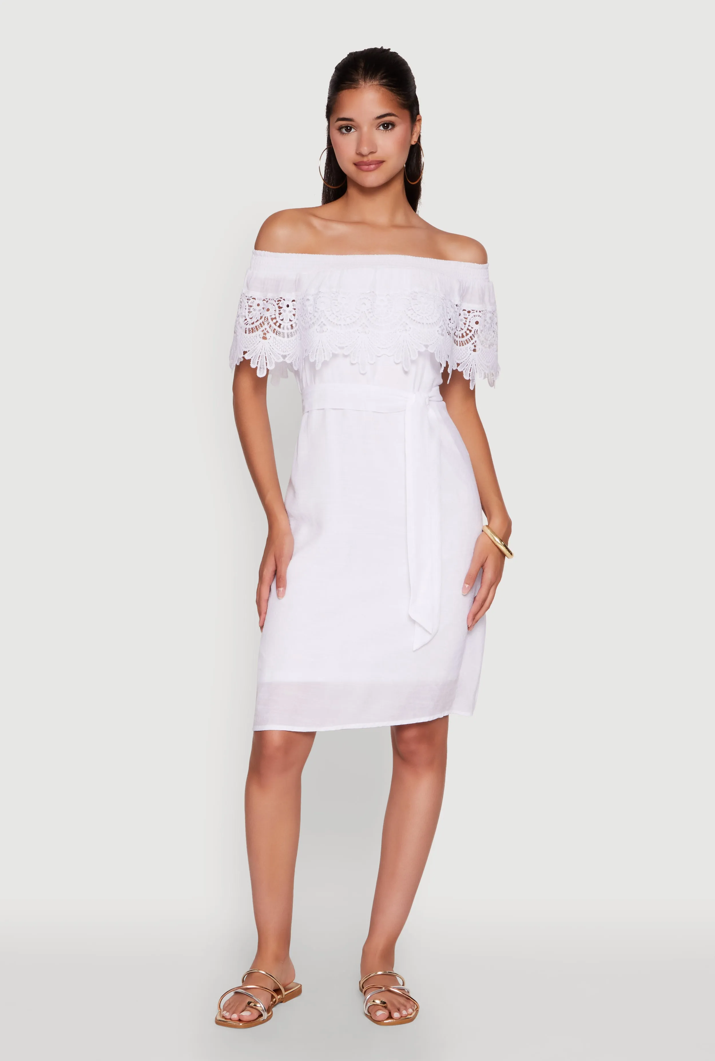 Fashion Glow Chic Off the Shoulder Crochet Sundress with Tie Waist Belt