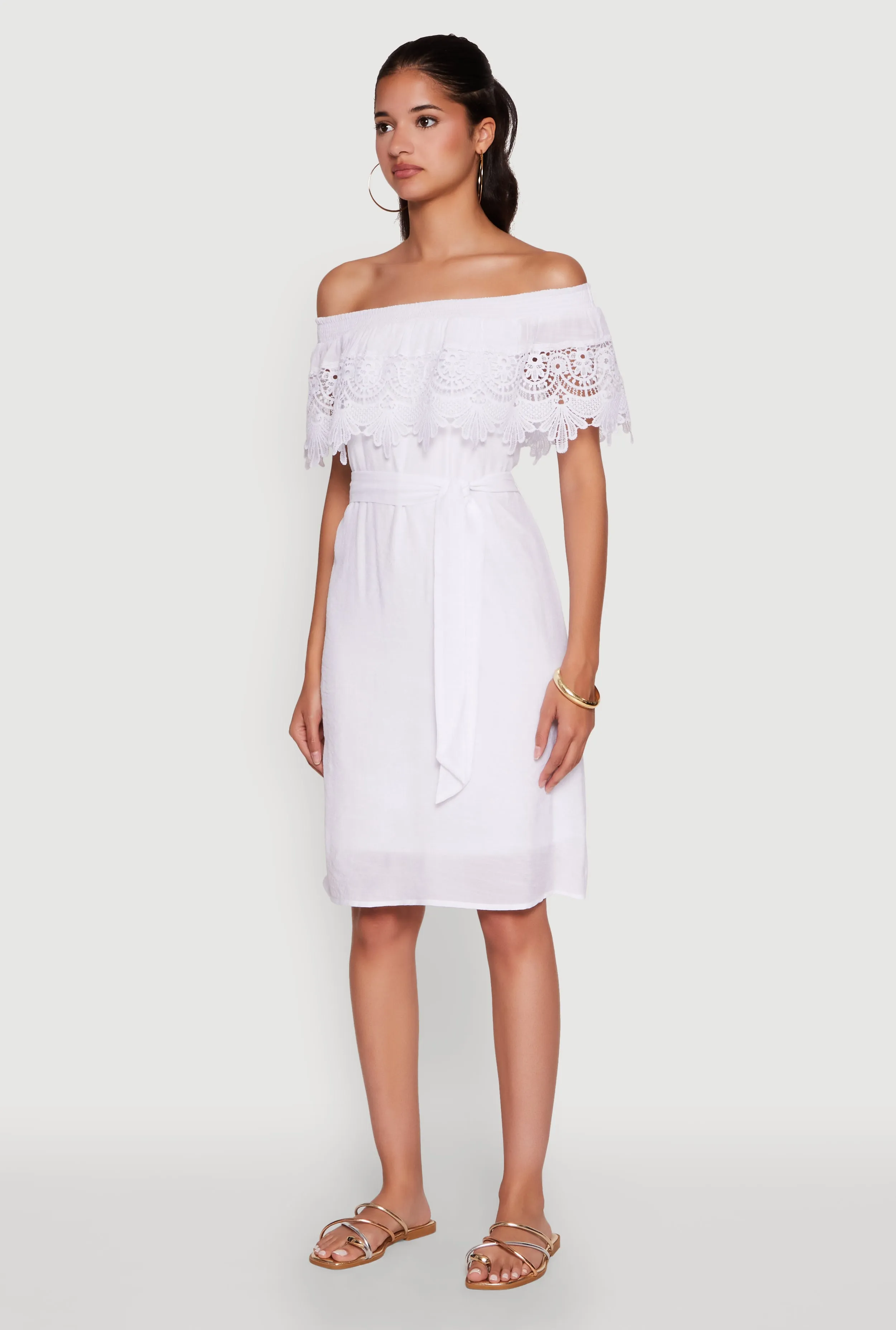 Chic Style Wear Chic Off the Shoulder Crochet Sundress with Tie Waist Belt