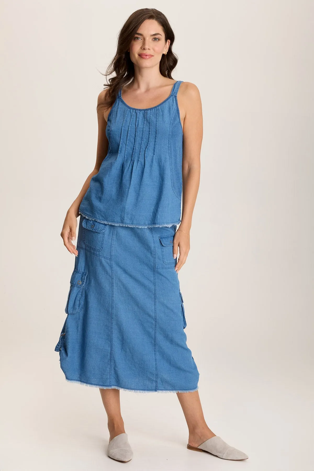 Norelle Flowy Pintuck Mock-Denim Twill Tank Quiet Luxury