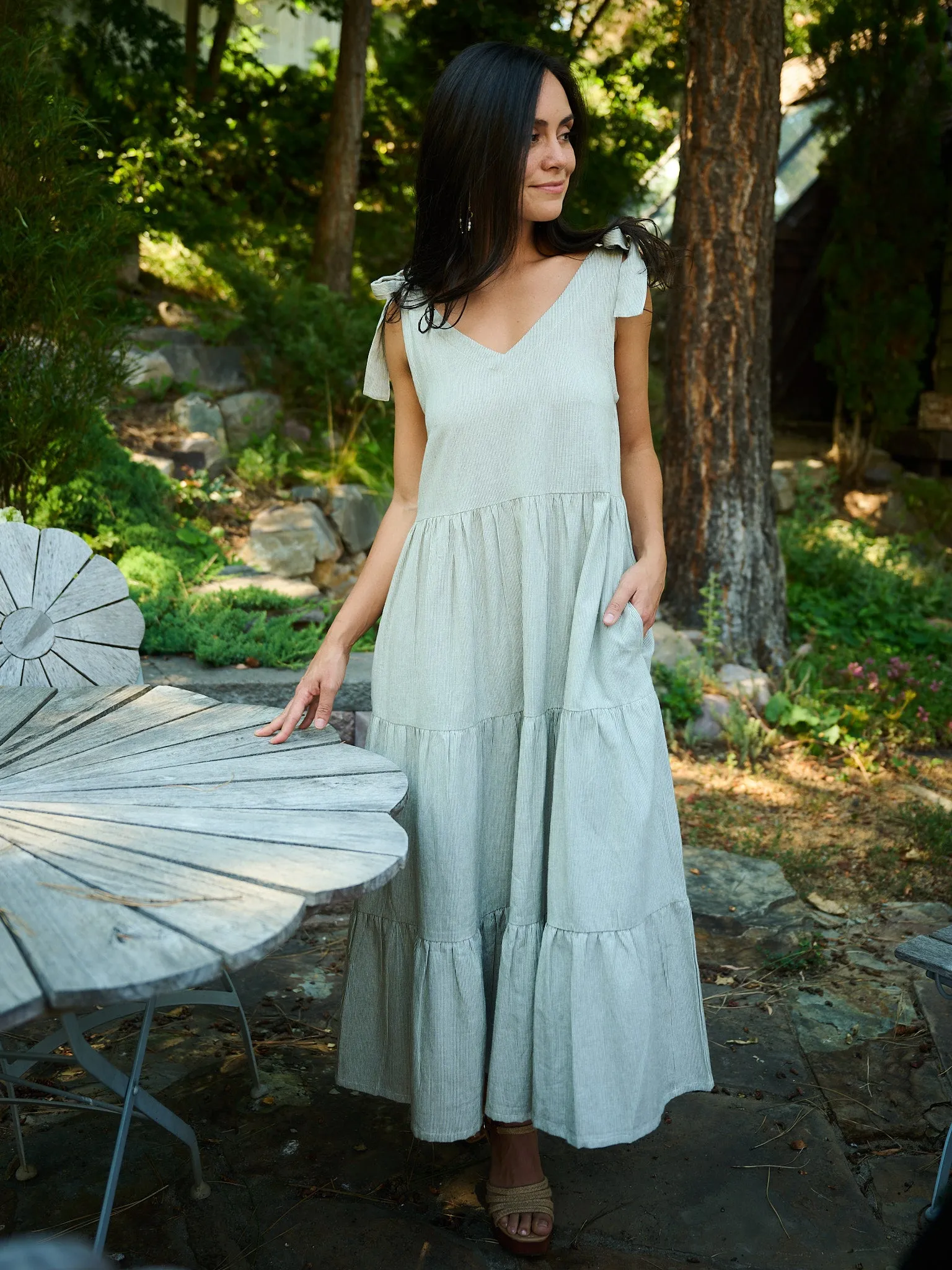 Global Glow SlipResistantWaistband Lorelei Tiered Dress - Olive Stripe