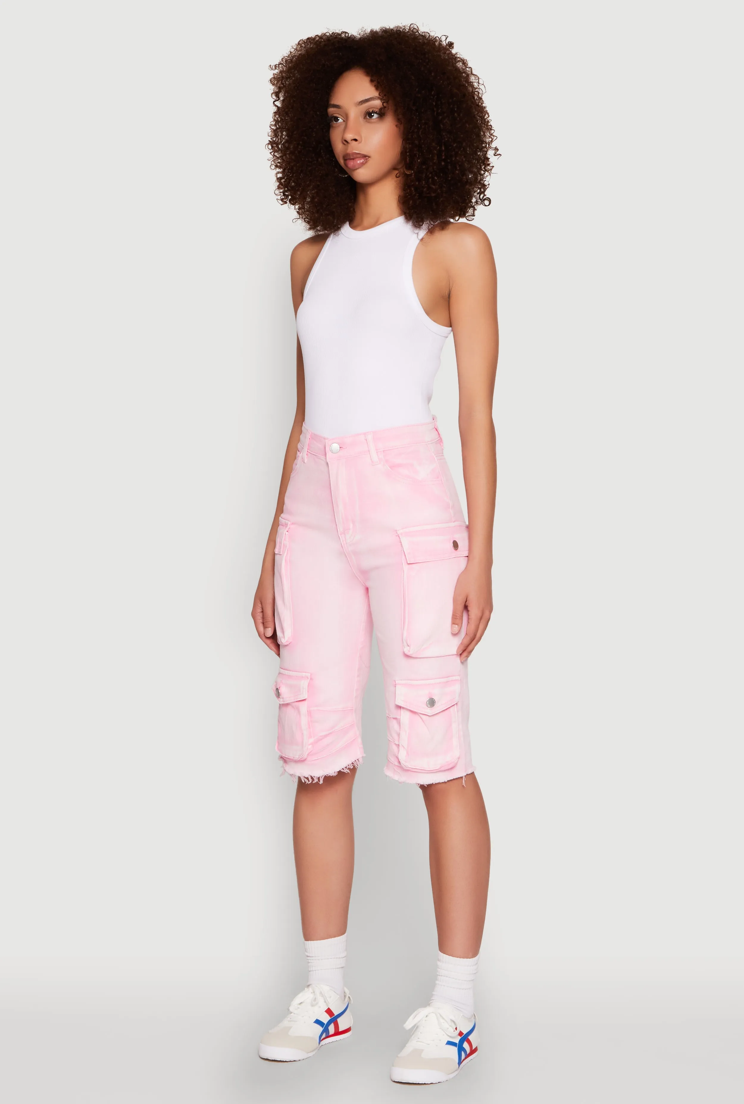Bright Hues Daisy Acid Wash Raw Hem Utility Bermuda Shorts