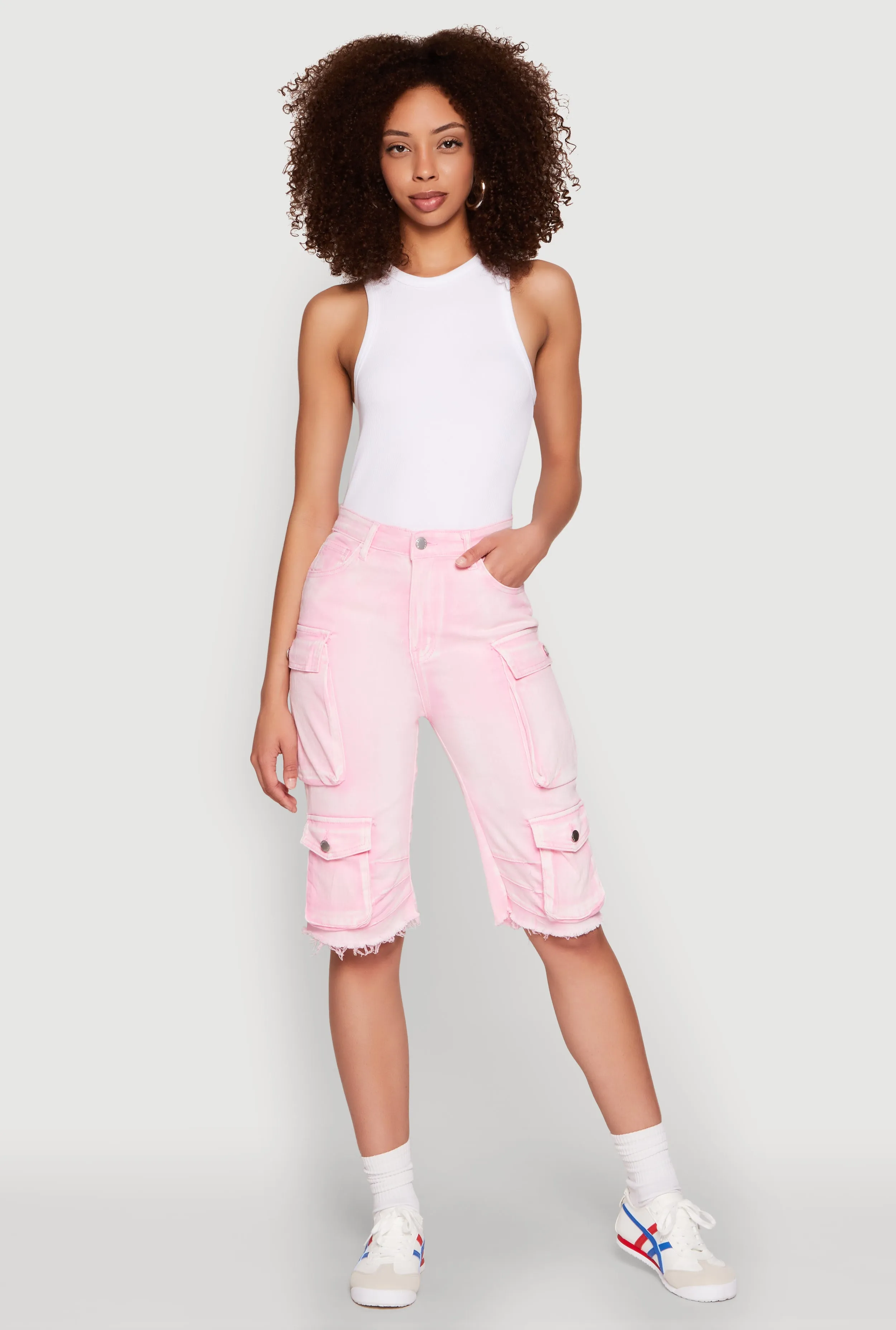 Daisy Acid Wash Raw Hem Utility Bermuda Shorts Reflective Safety Details WaterResistantFinish