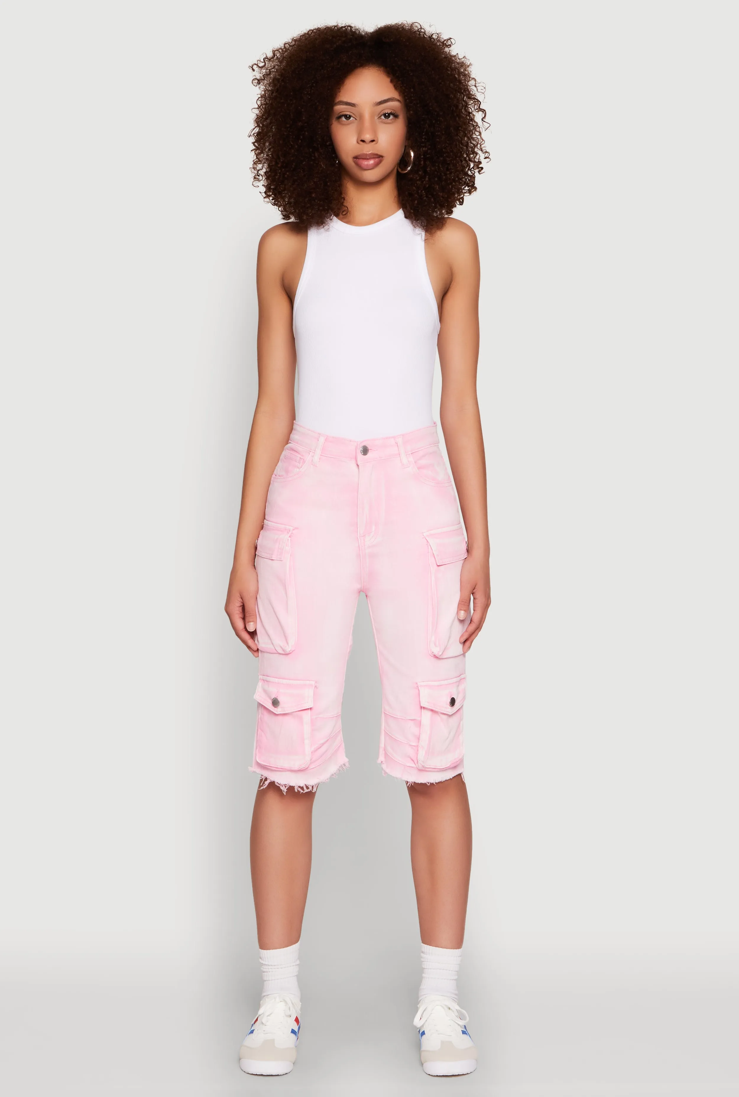 Daisy Acid Wash Raw Hem Utility Bermuda Shorts Versatile Design Anti Cling Technology