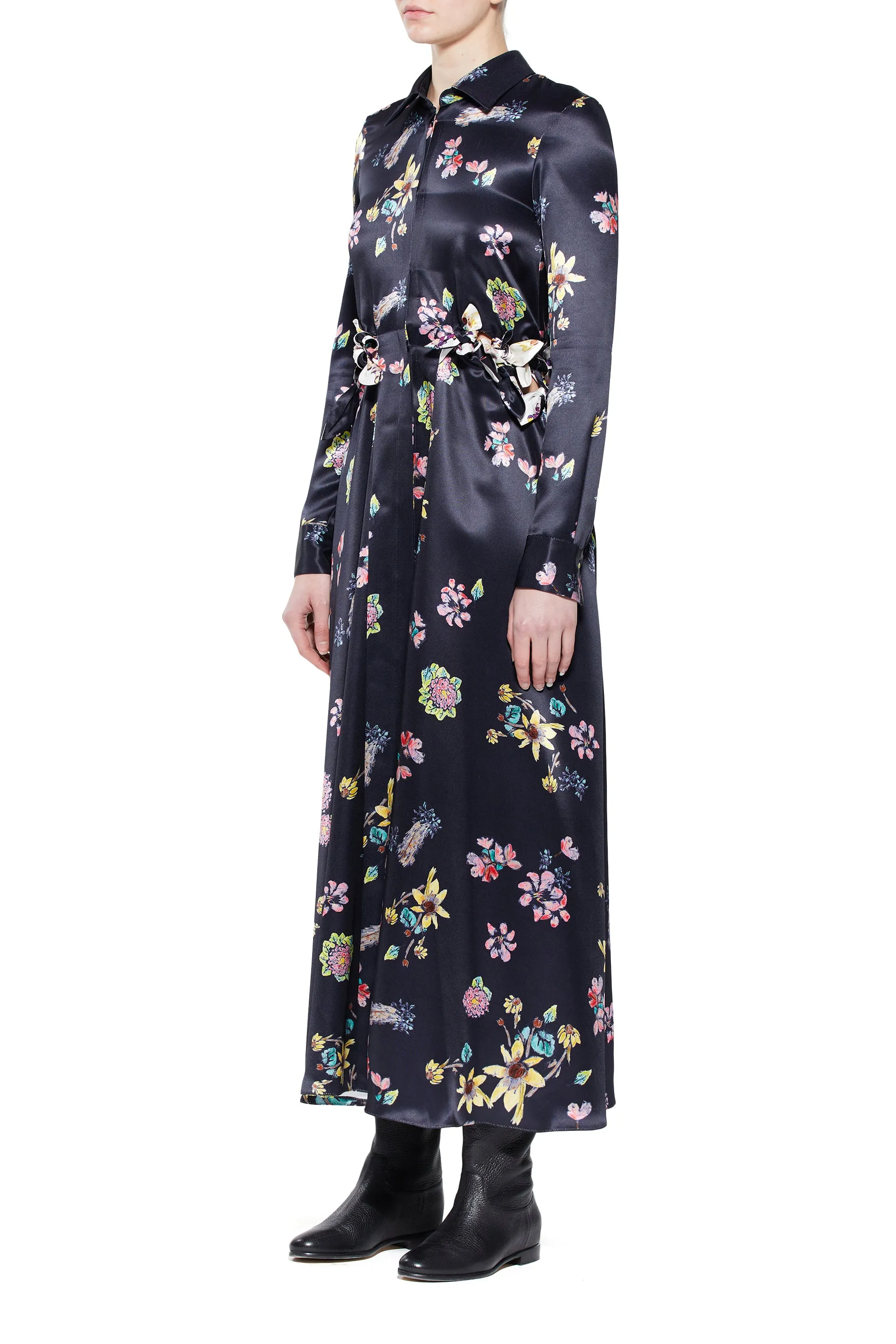 Clive Shirtdress in Dark Navy Multi Printed Silk TaglessNeckline Polish Tone