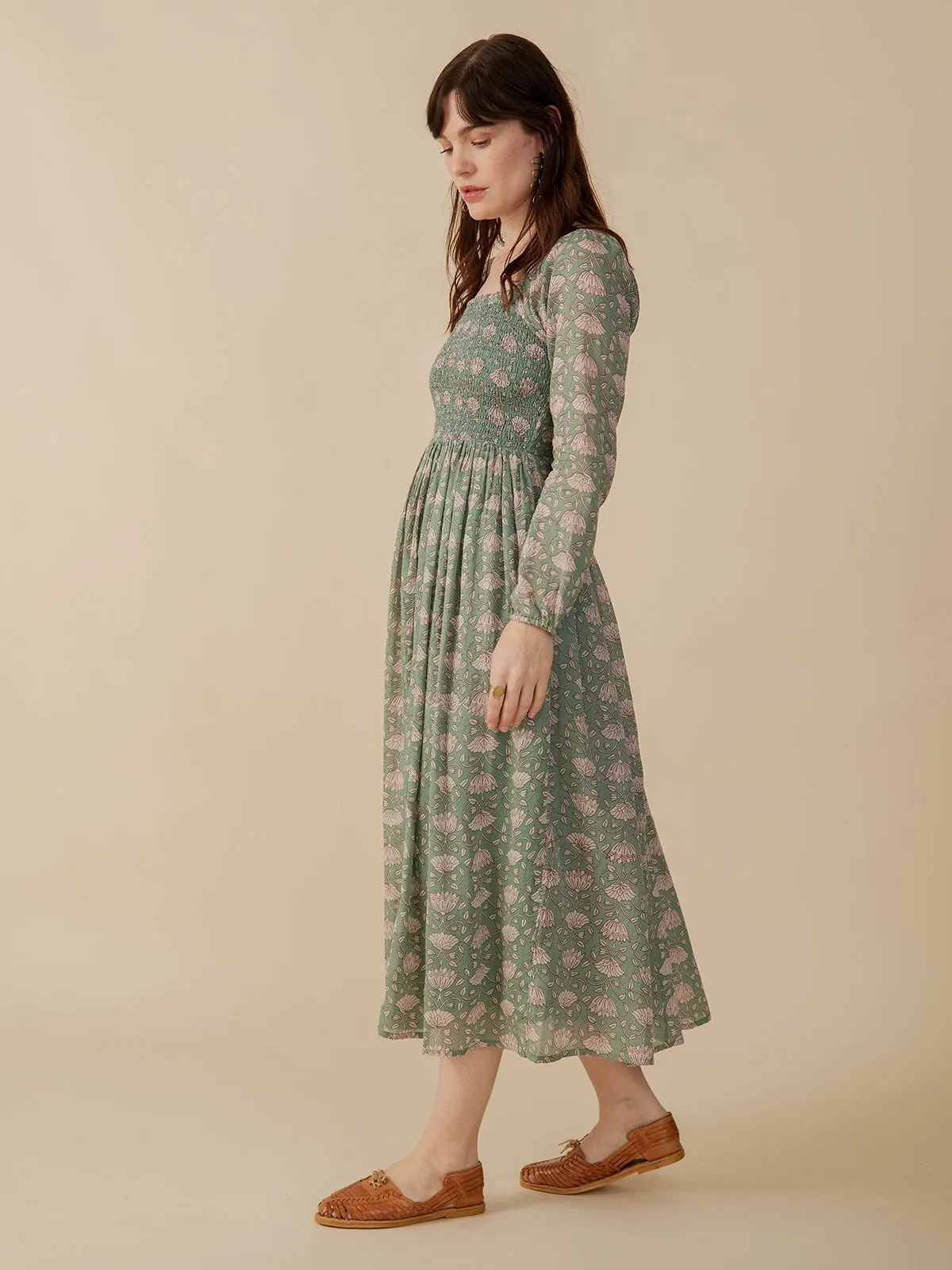 Hailee Smocked Midi Dress - Aegean Teal Floral ShrinkageFree Fabric