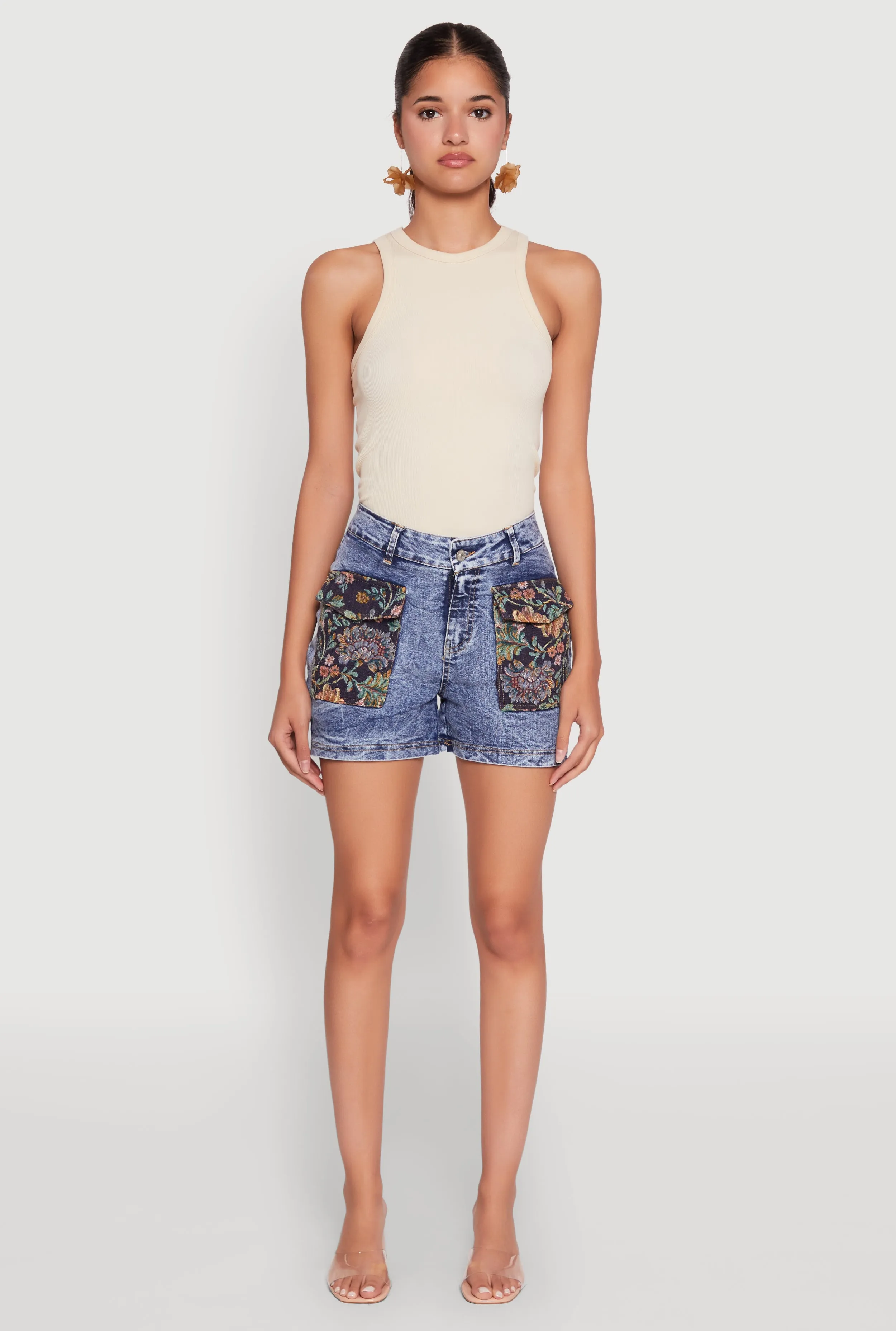 Casual Fit Trendy Floral Jacquard Cargo Pocket Denim Shorts