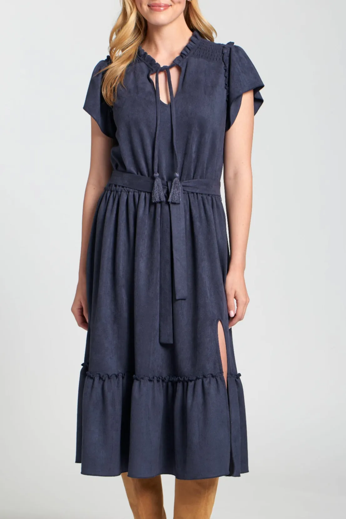LowProfile Fasteners Vegan Suede Short Sleeve Dress With Smocked Sleeves