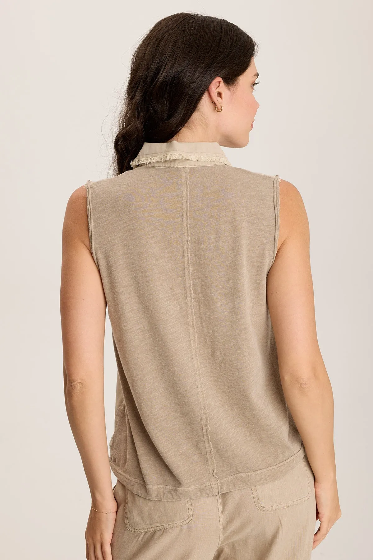 Rein Sleeveless Polo with Snap Front & Cinched Hem Fall Core french chic