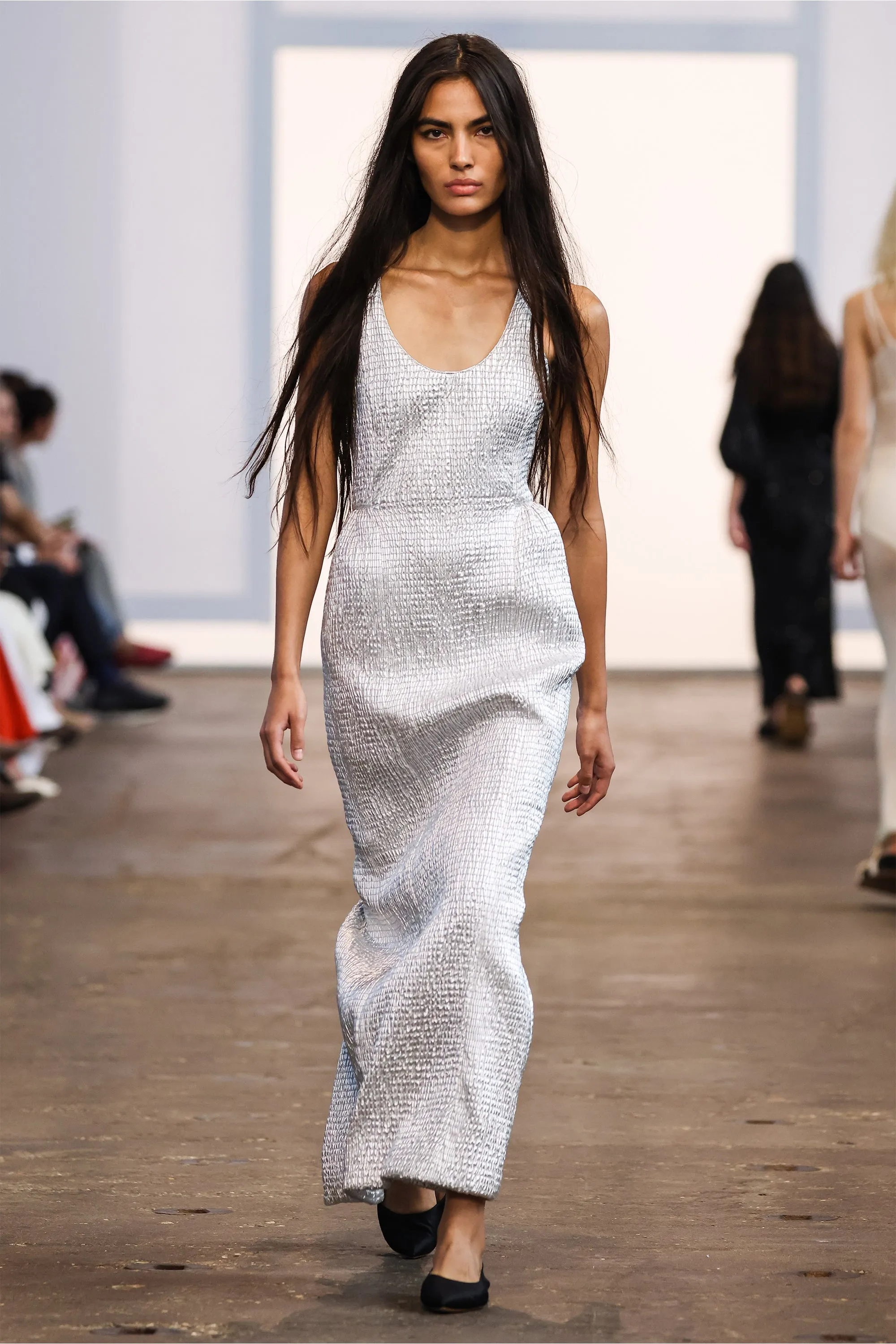 Smooth Line Girard Shirred Maxi Dress with Lining in Silver Metallic Nappa Leather