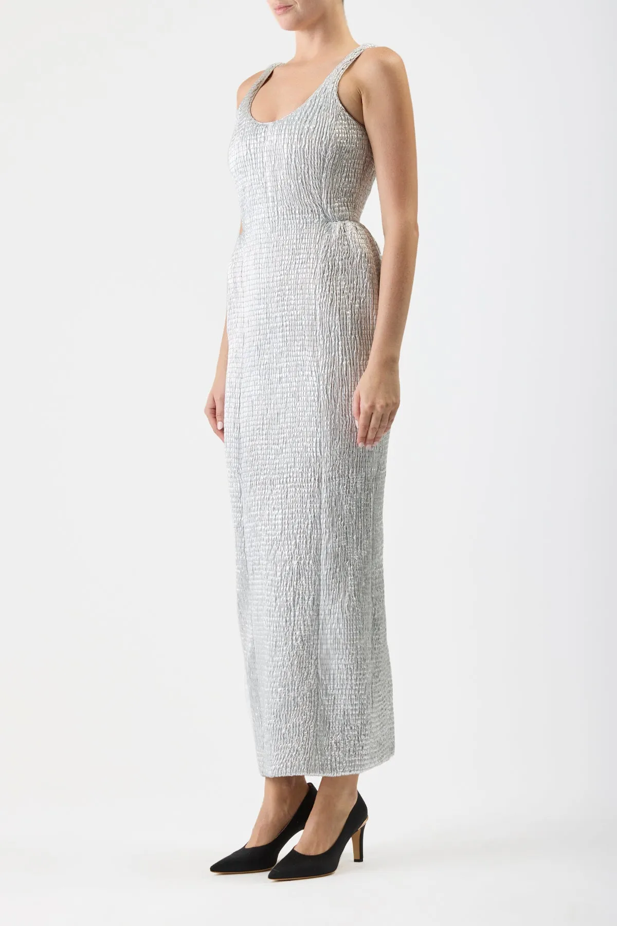 Girard Shirred Maxi Dress with Lining in Silver Metallic Nappa Leather UltraSoftFinish FlexibleCuff
