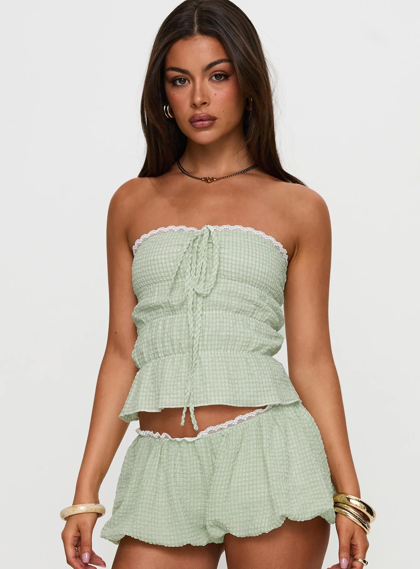 Lightweight Material Sustainable Waterproofing Short And Sweet Strapless Top Green Check
