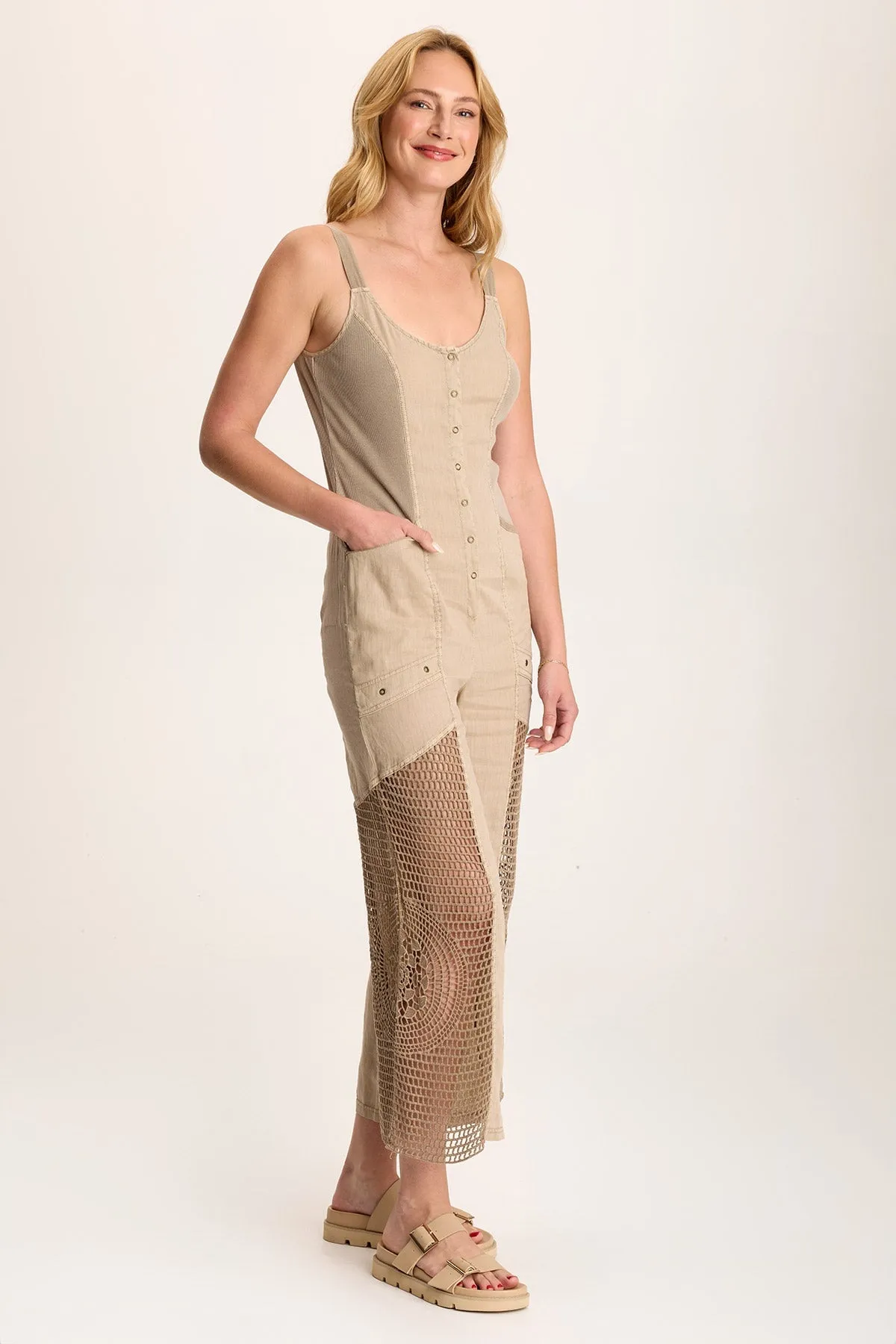 Anamita Linen/Crochet Jumpsuit Durable Stitching FlexibleCollar