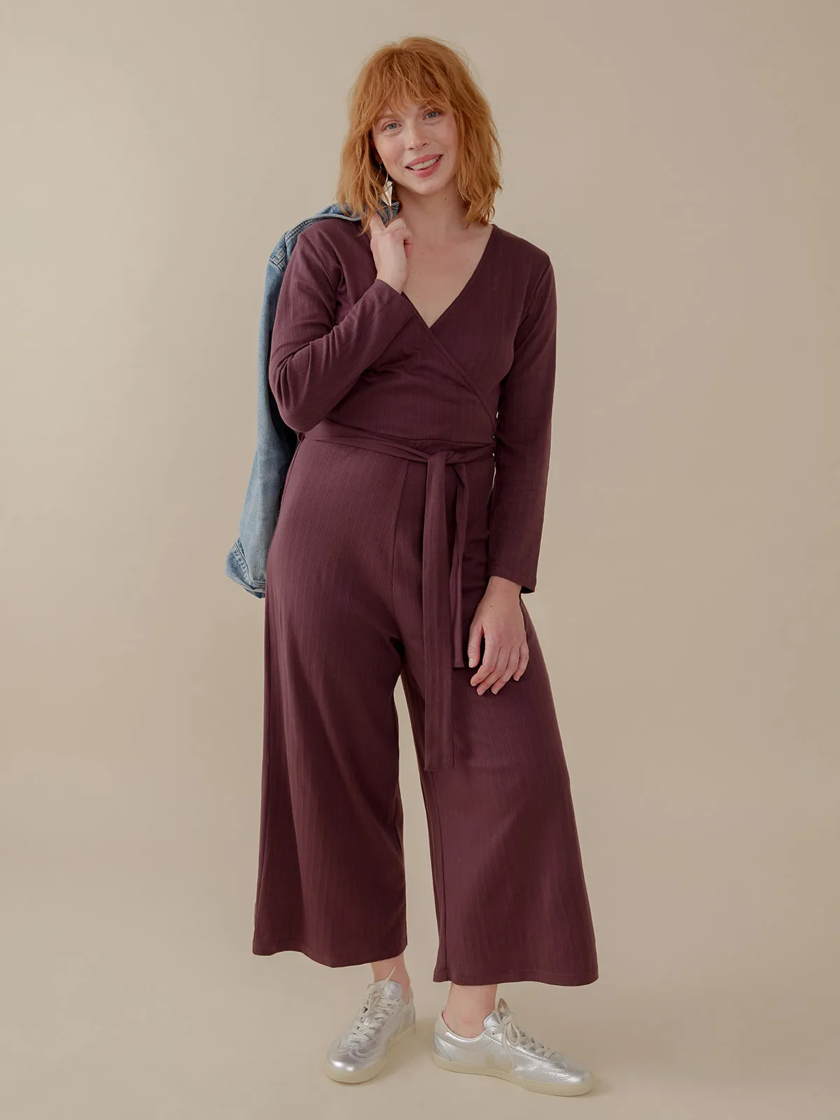 Rita Long Sleeve Jumpsuit - Eggplant Rib Knit NonBindingCollar Game Core