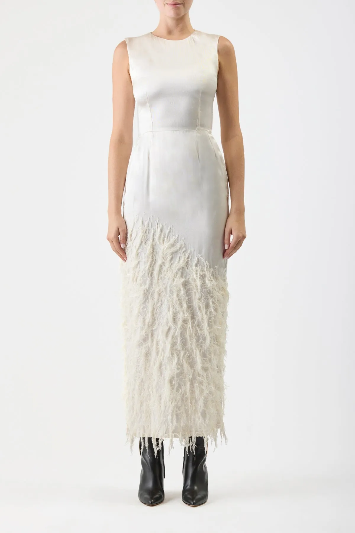 Semi Formal Gentle Glow Maslow Feather Maxi Dress in Ivory Silk Satin
