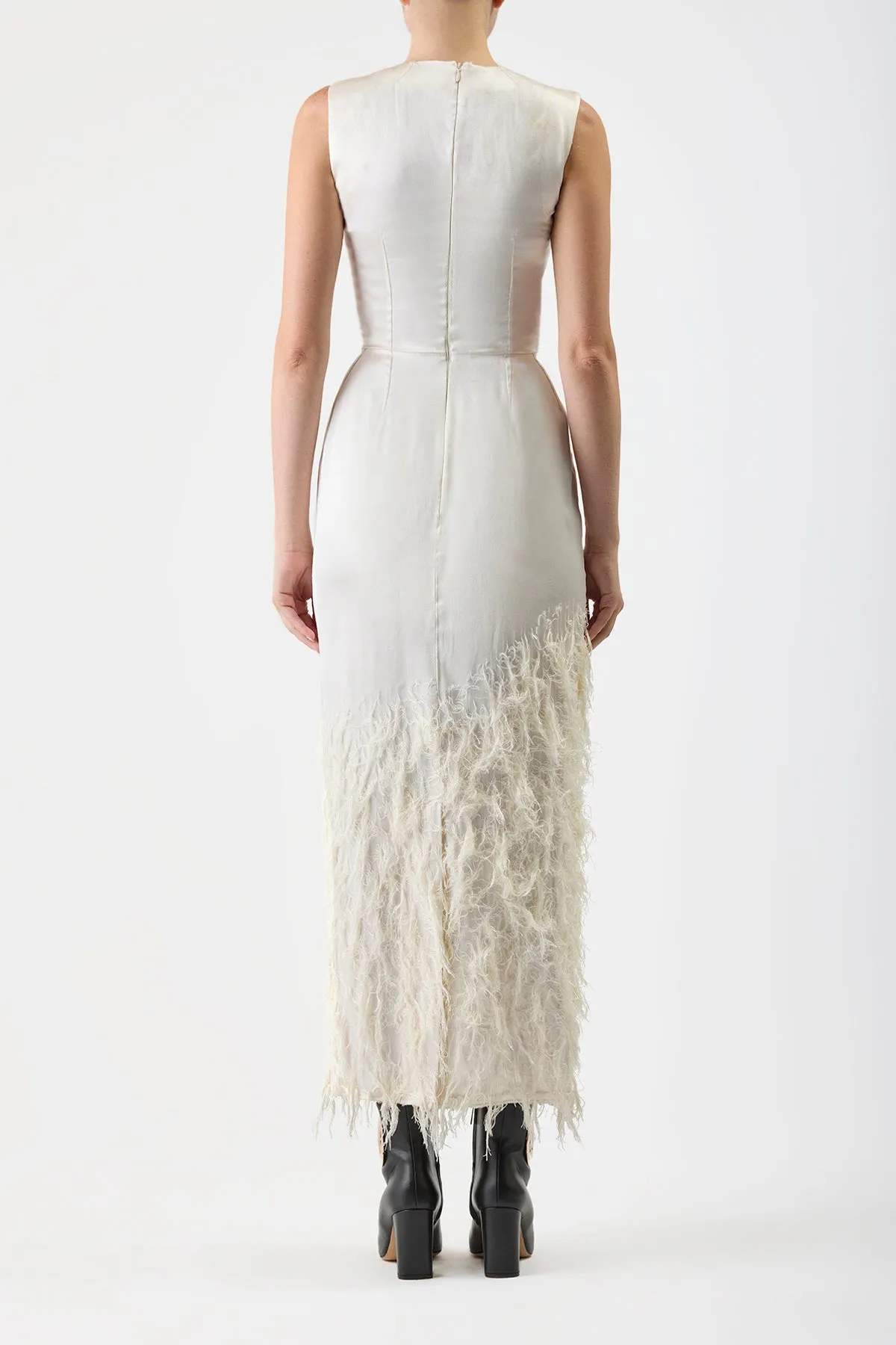 Maslow Feather Maxi Dress in Ivory Silk Satin DoubleStitched AntiPilling Finish