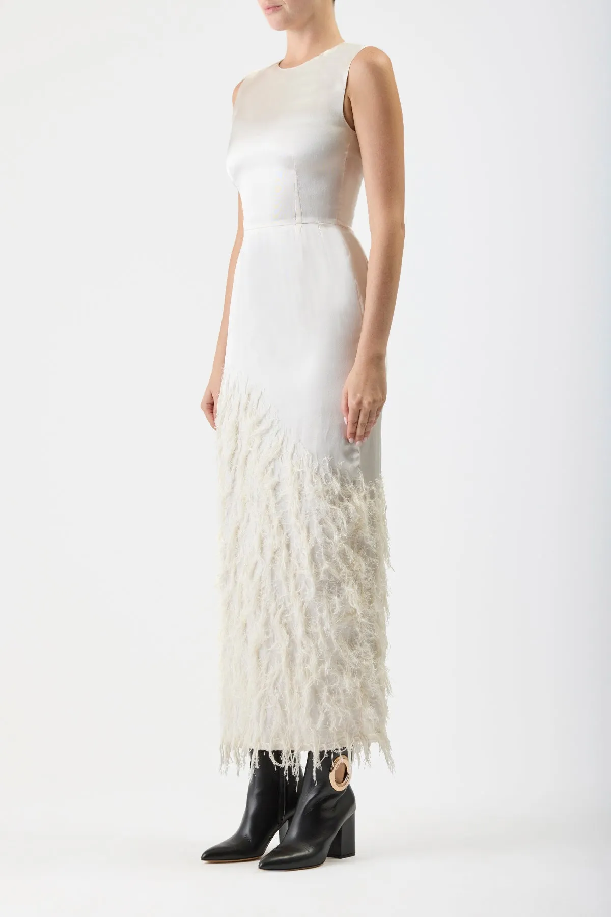 Maslow Feather Maxi Dress in Ivory Silk Satin SmoothEdging Snow Core