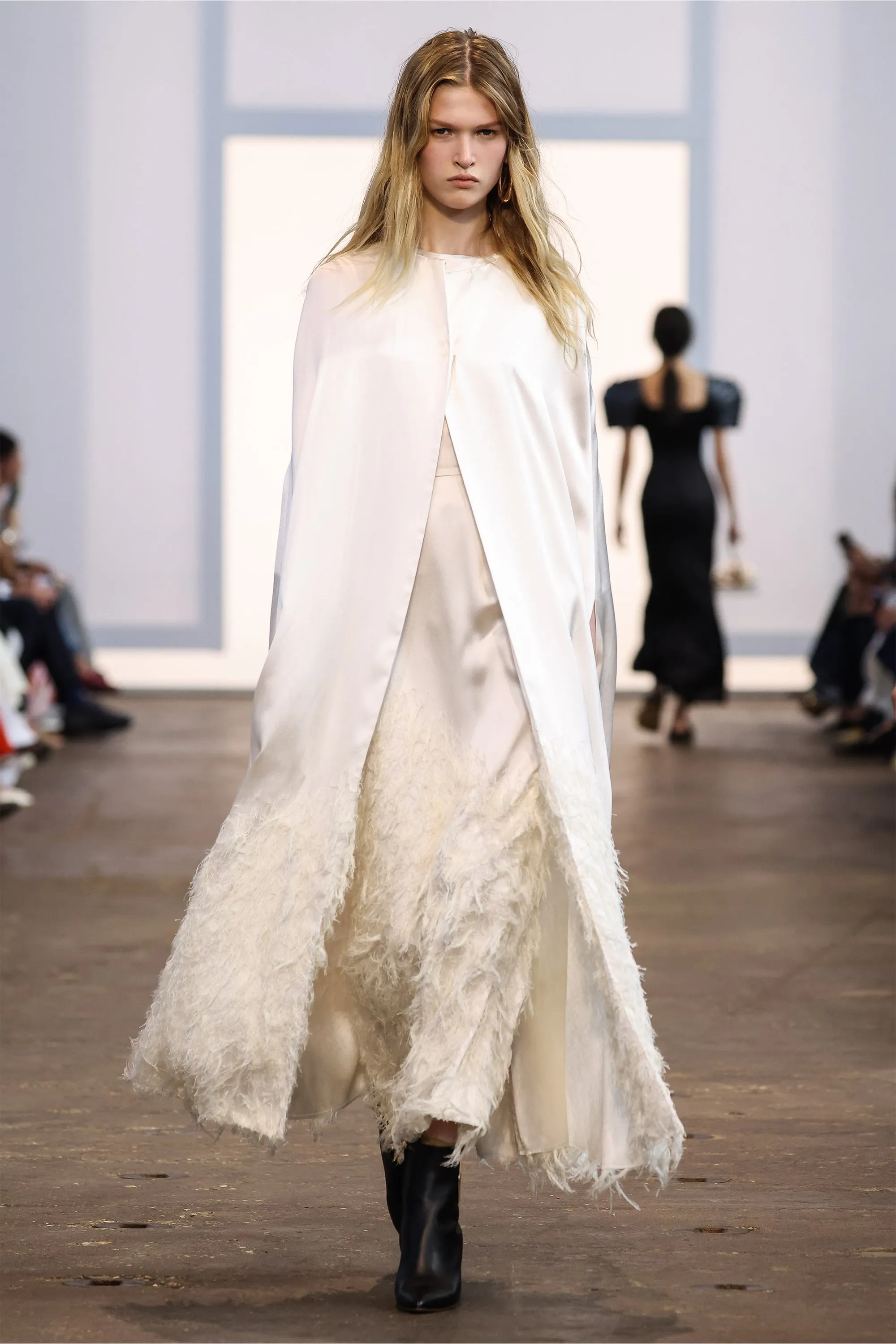 Maslow Feather Maxi Dress in Ivory Silk Satin Eco Core
