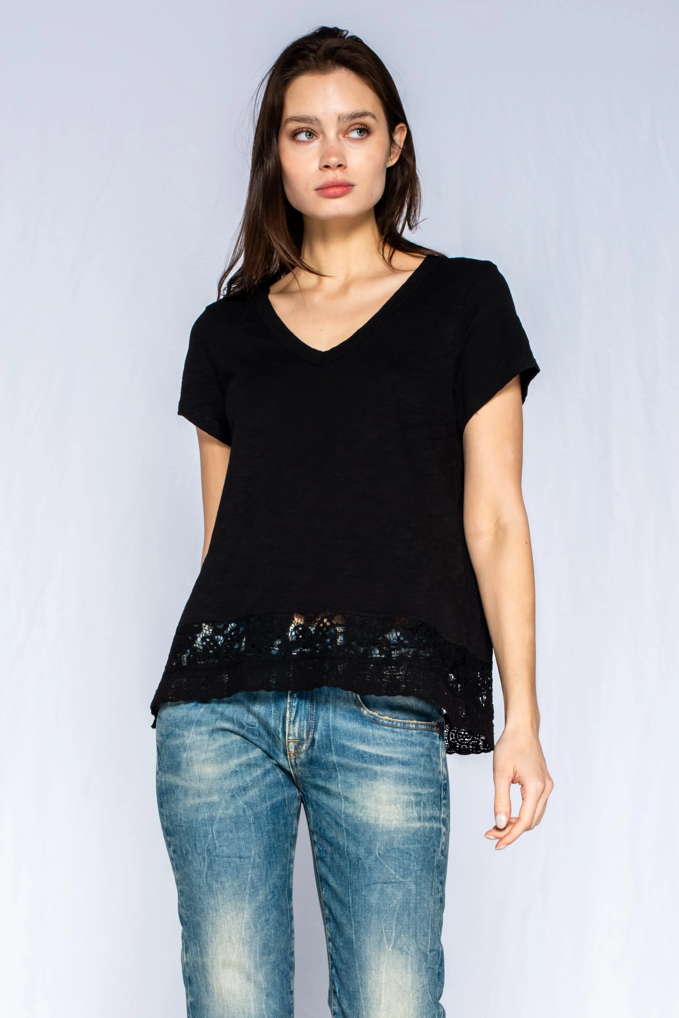 Baby Baby V-Neck Short Sleeve Tee Patch Lace Hem AirflowOptimized