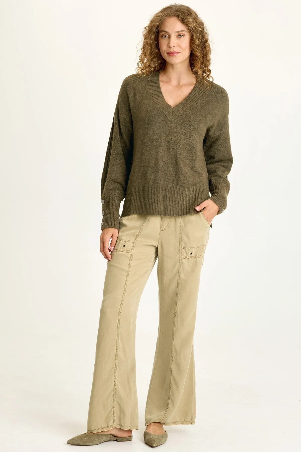 Bronte Relaxed Fit V-Neck Knit Sweater Adjustable Drawcord Silk Glow