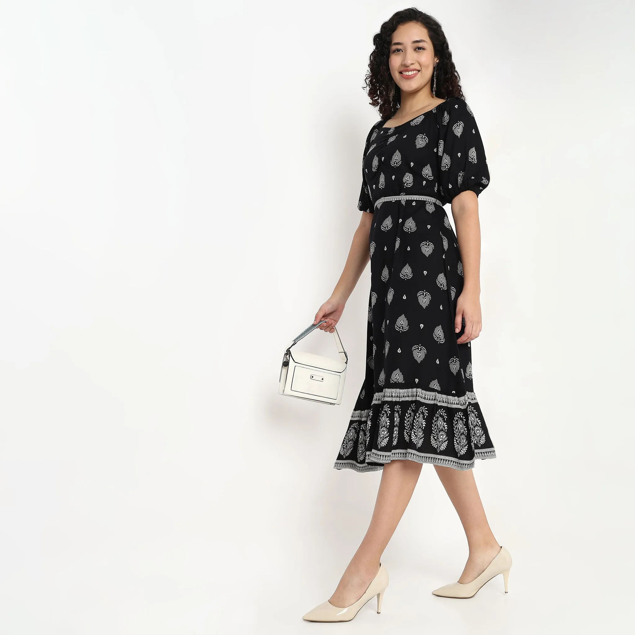 Printed Front Ruched Tiered Dress ElasticFree Cuffs