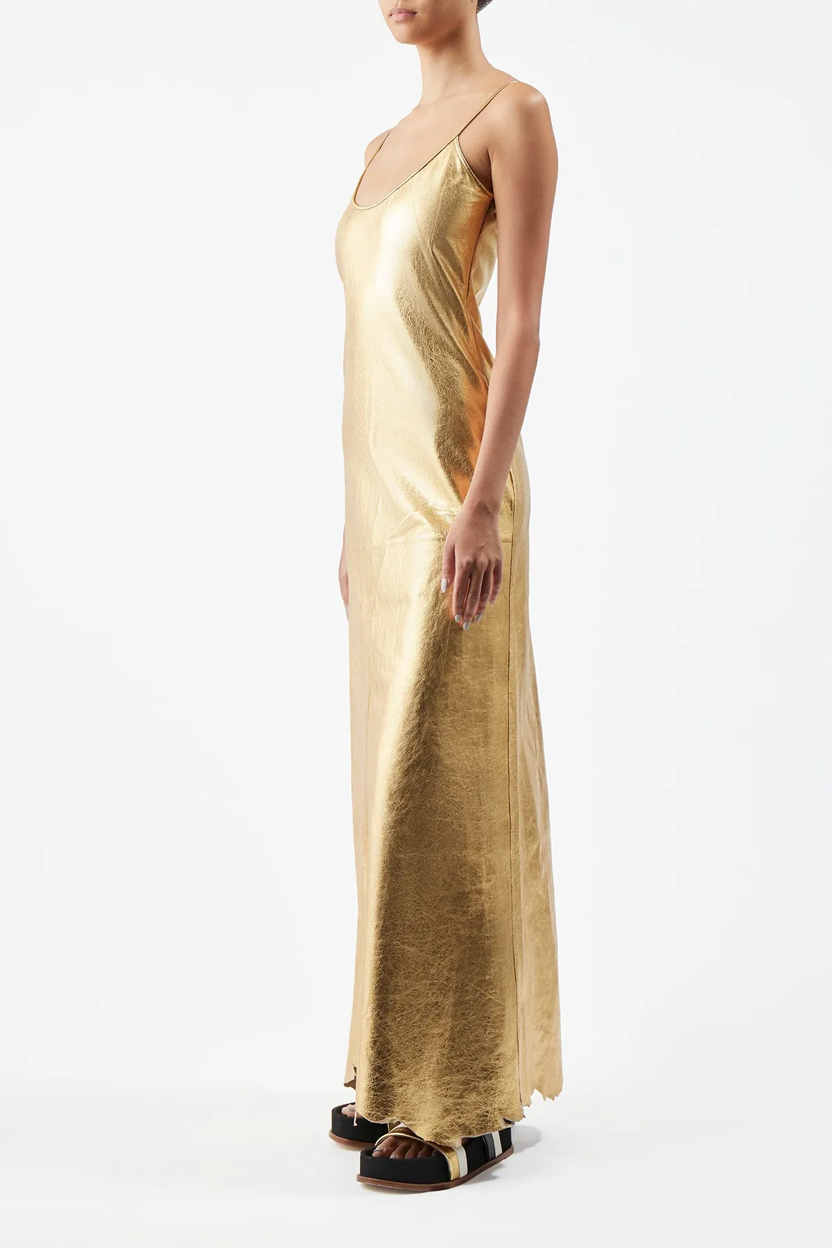 EasyAdjustment HighElasticity Fiber Teles Slip Dress in Gold Metallic Nappa Leather