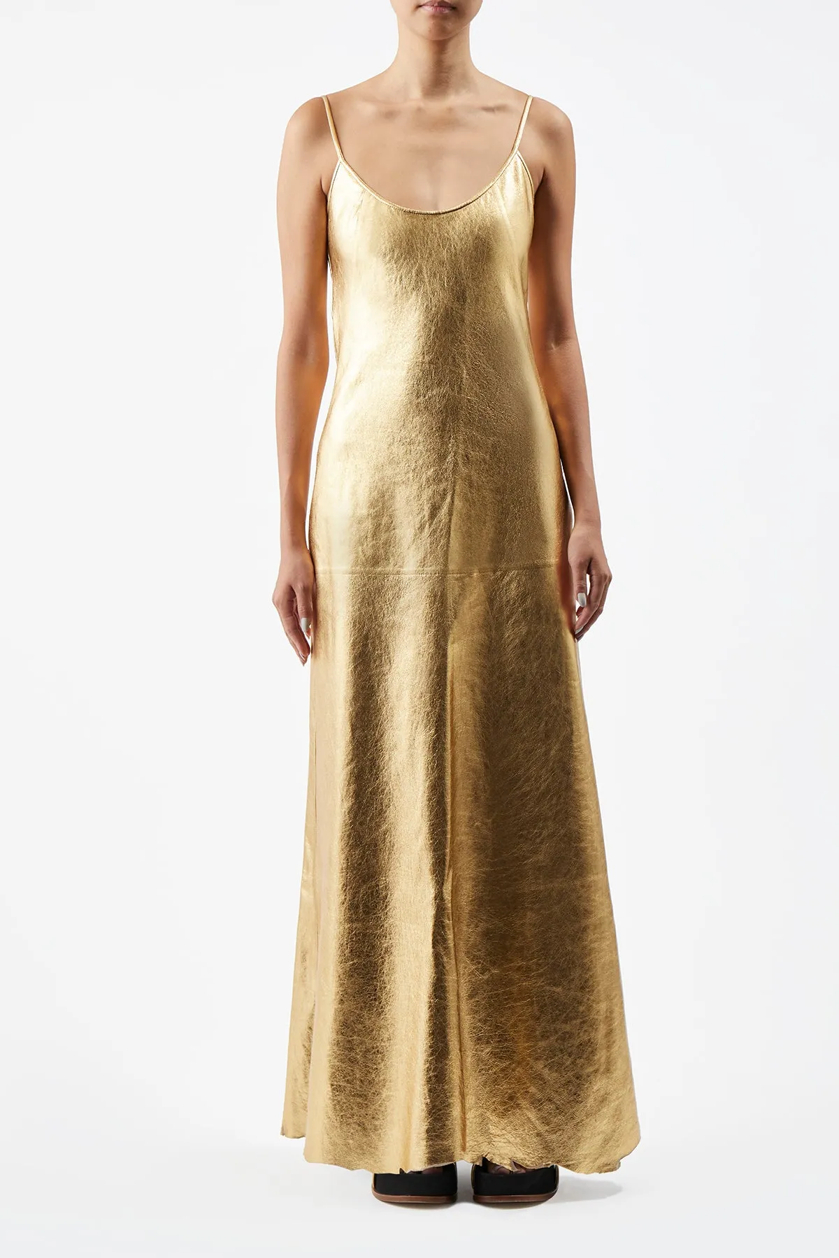 Teles Slip Dress in Gold Metallic Nappa Leather World Edge